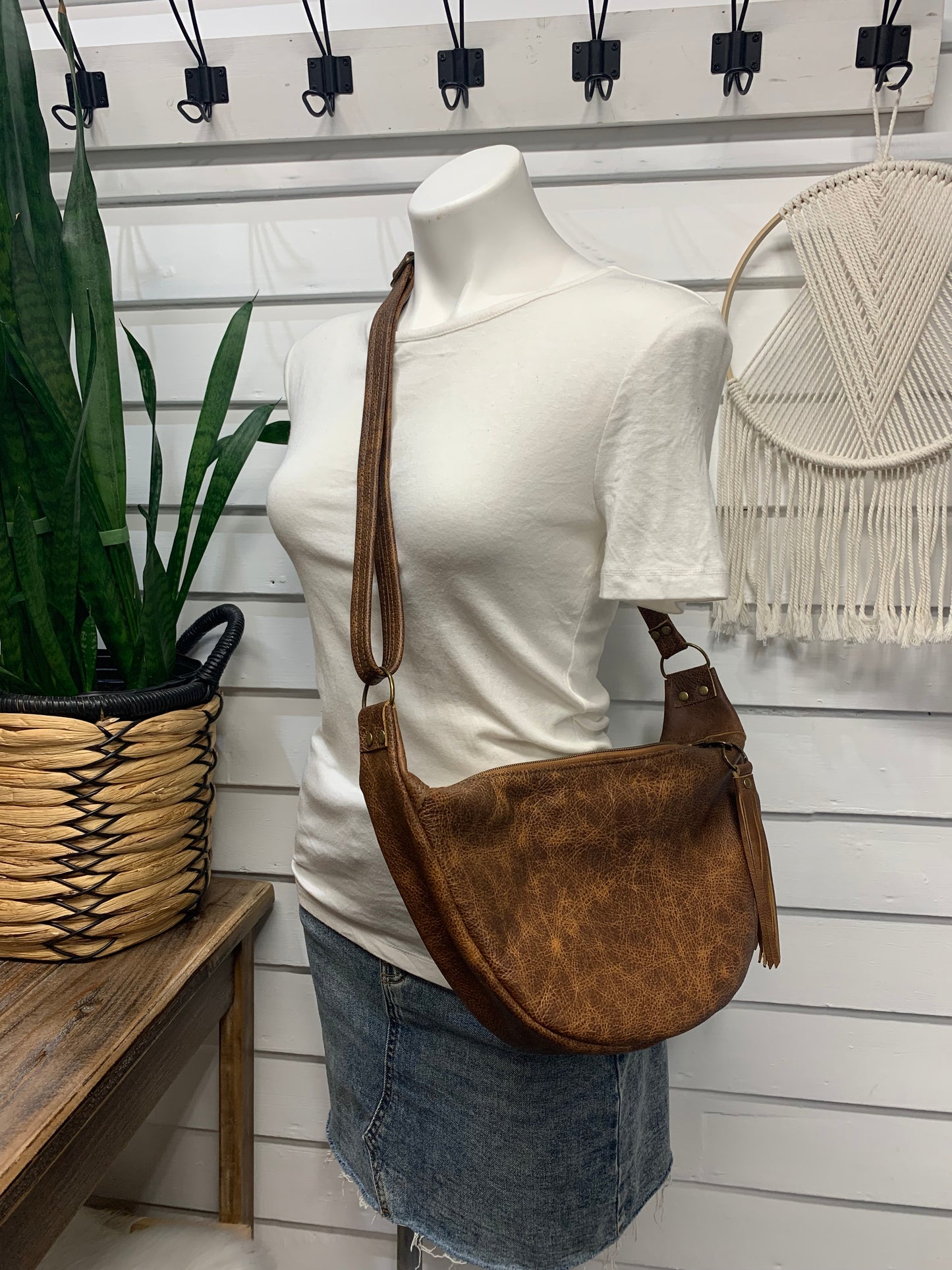 Half moon crossbody hobo bag Pagosa springs wool, saddle brown leather