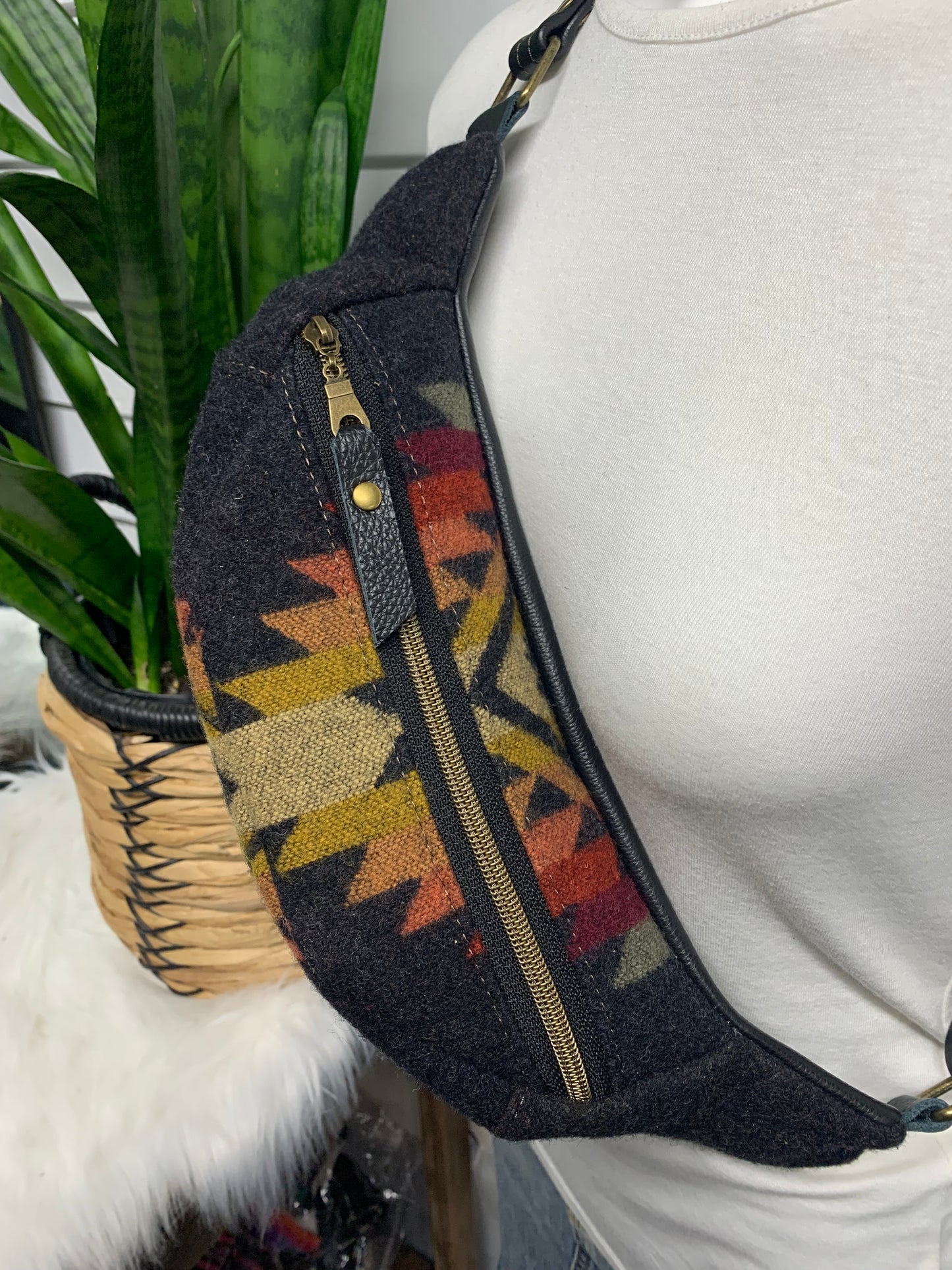 Jade Sling bag Pueblo dwelling wool and black leather crossbody