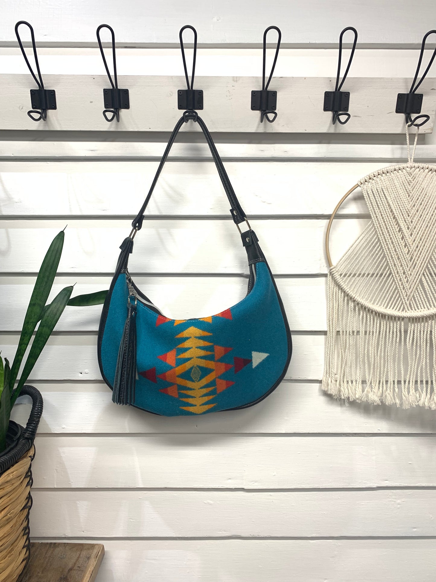 Garnet small hobo bag All Over Turquoise Wool and black leather, shoulder strap