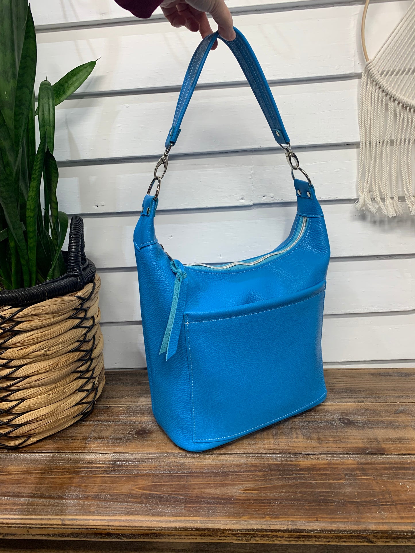 Jasper Bucket bag, Bright Blue Italian pebble grain leather