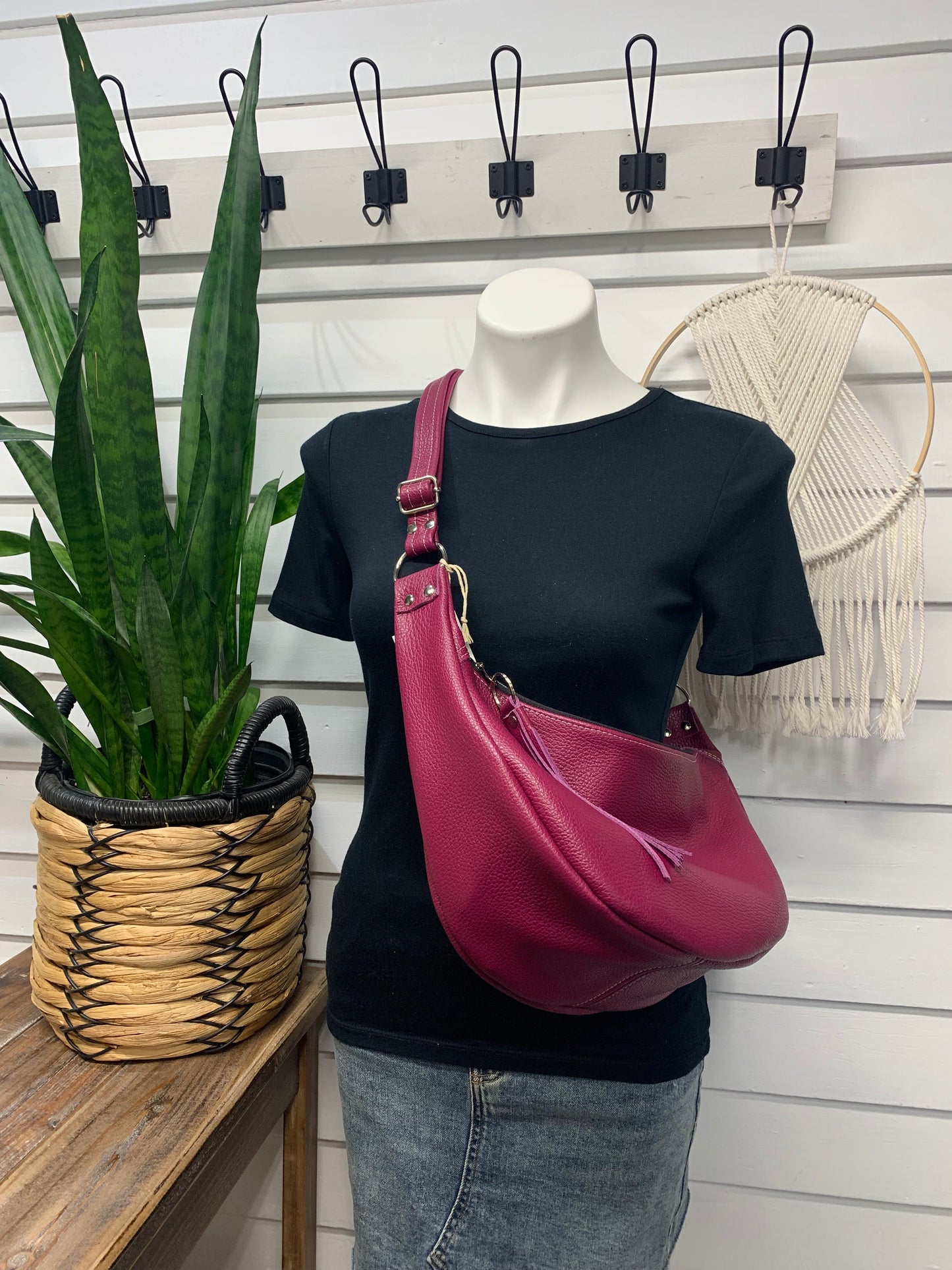 Half moon crossbody hobo bag Berry Italian leather