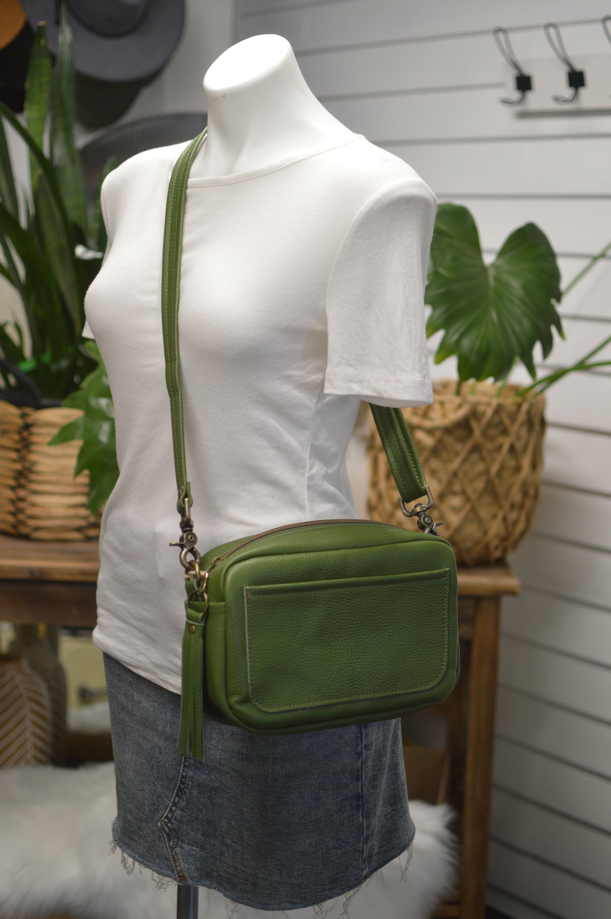 Emerald crossbody bag, Olive green Italian pebble grain leather