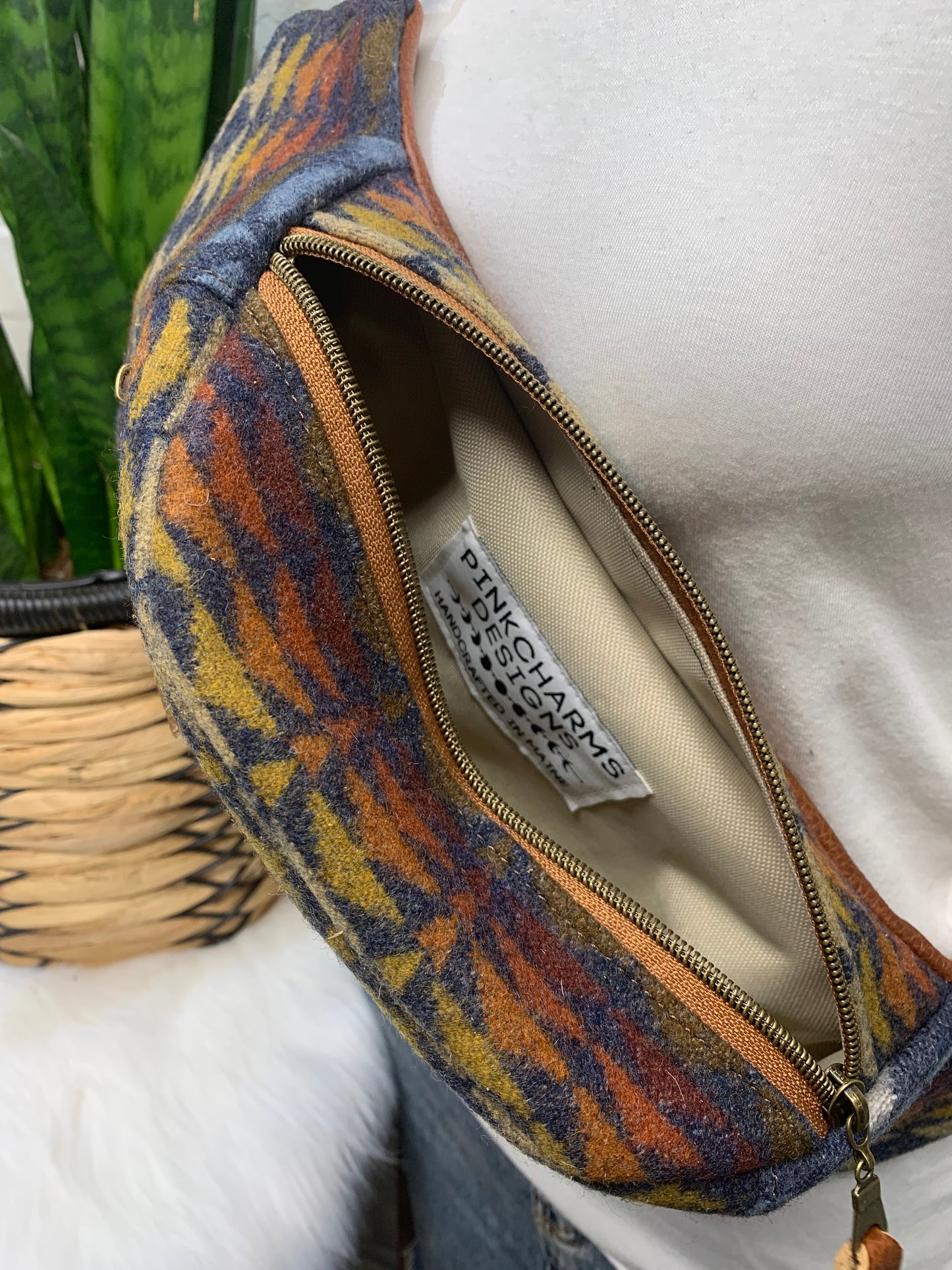 Jade Sling bag Navy Harding wool and spice leather crossbody