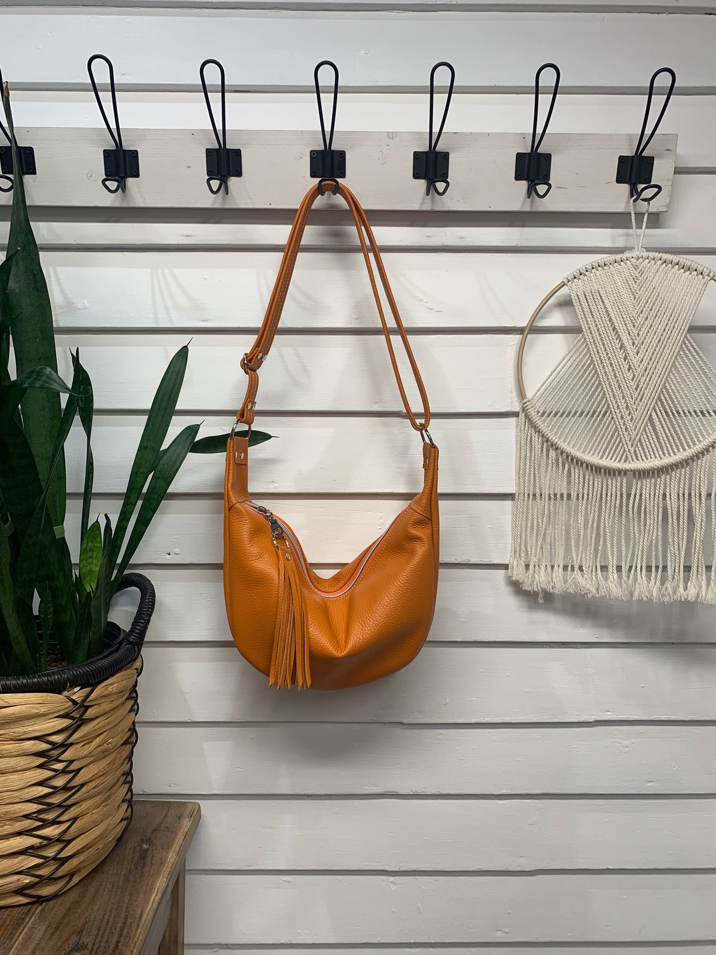 Half moon crossbody hobo bag Orange Italian leather