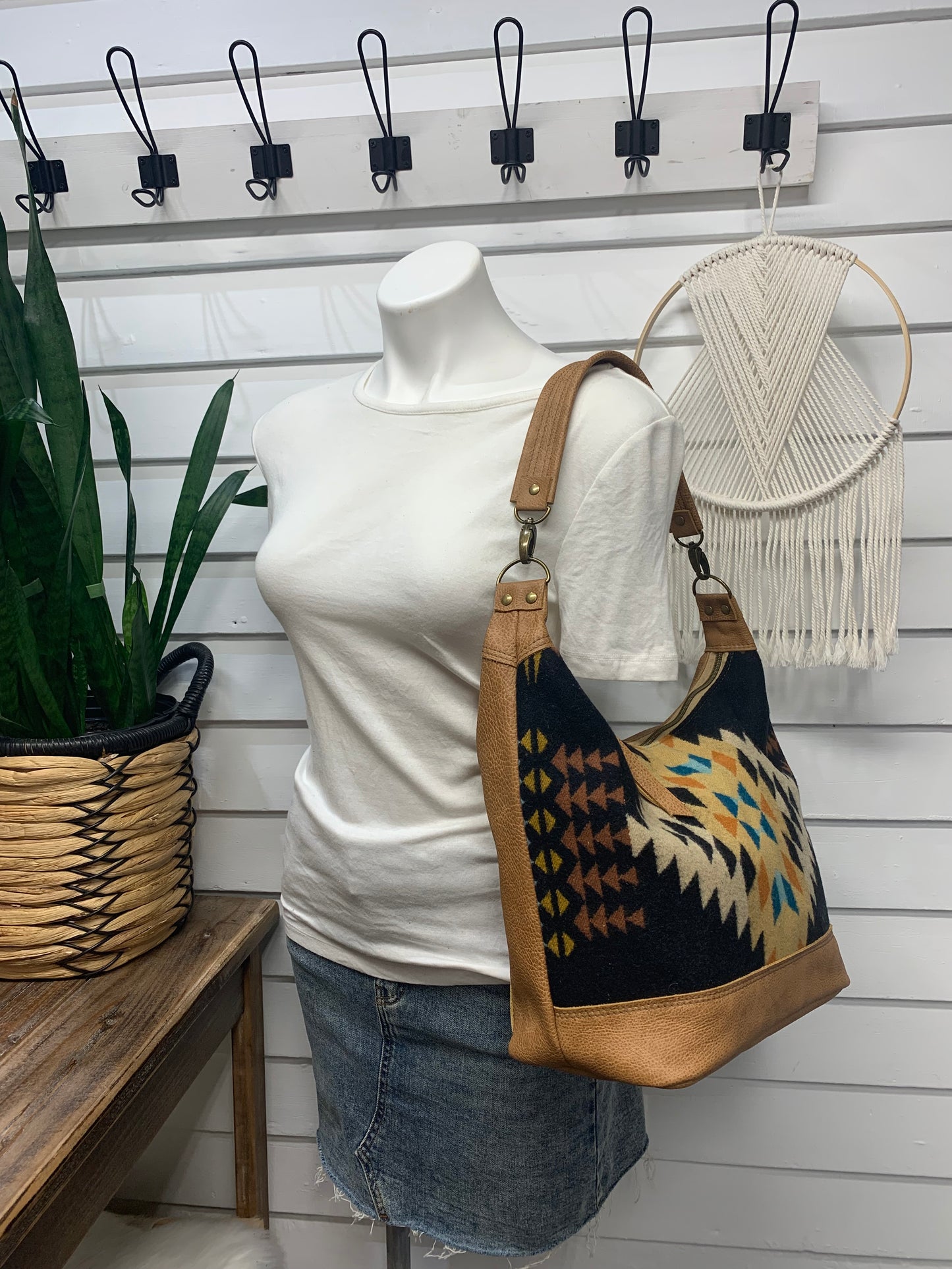 Jasper Bucket bag, Rancho Arroyo black wool, caramel leather