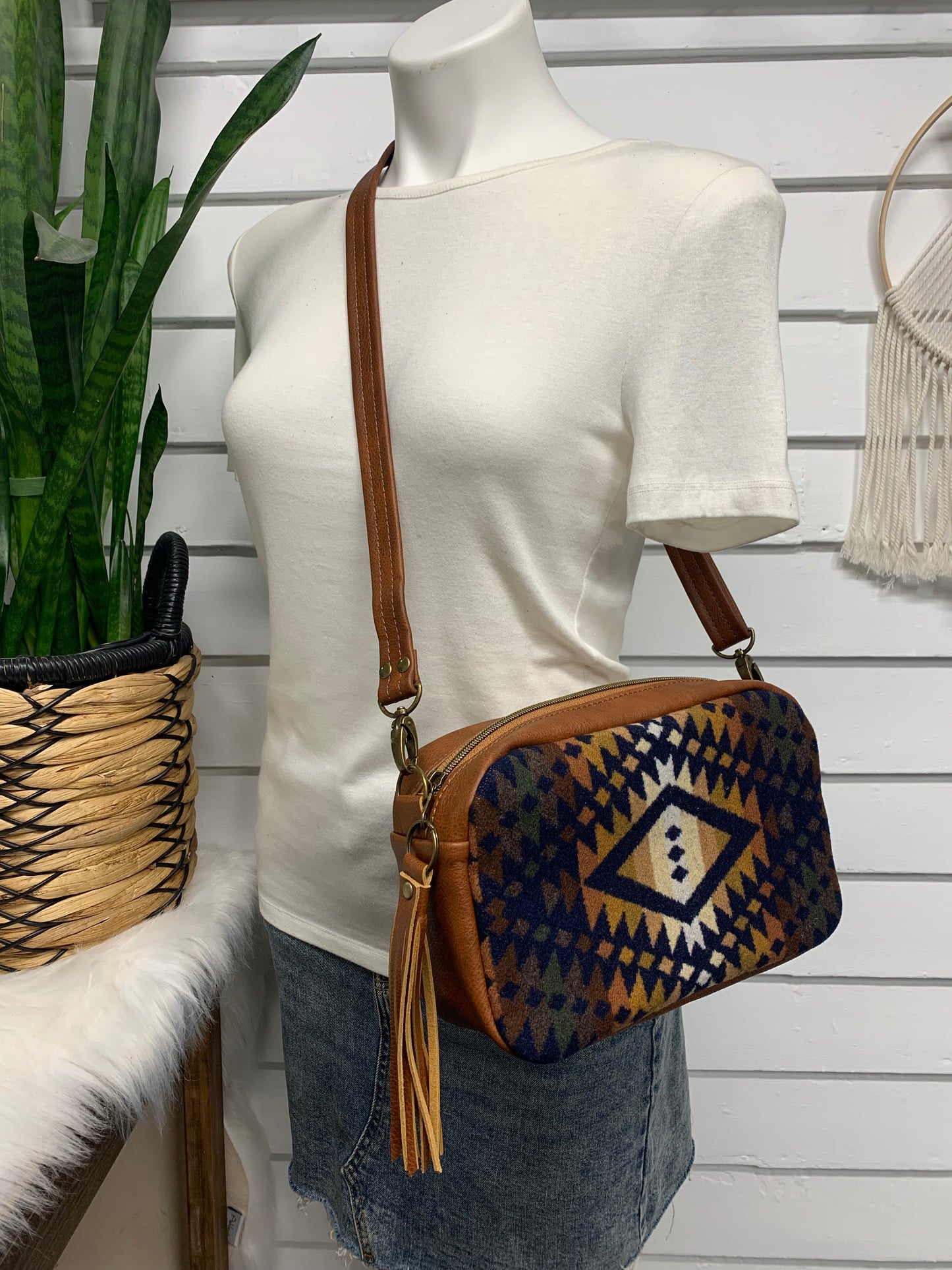 Emerald crossbody bag, Navy Trails wool, spice brown leather, square bag