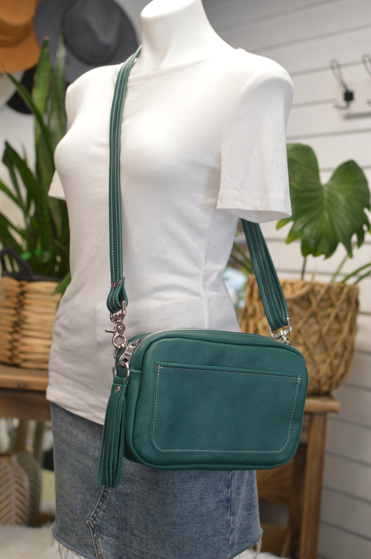 Emerald crossbody bag, Pavone Italian pebble grain leather