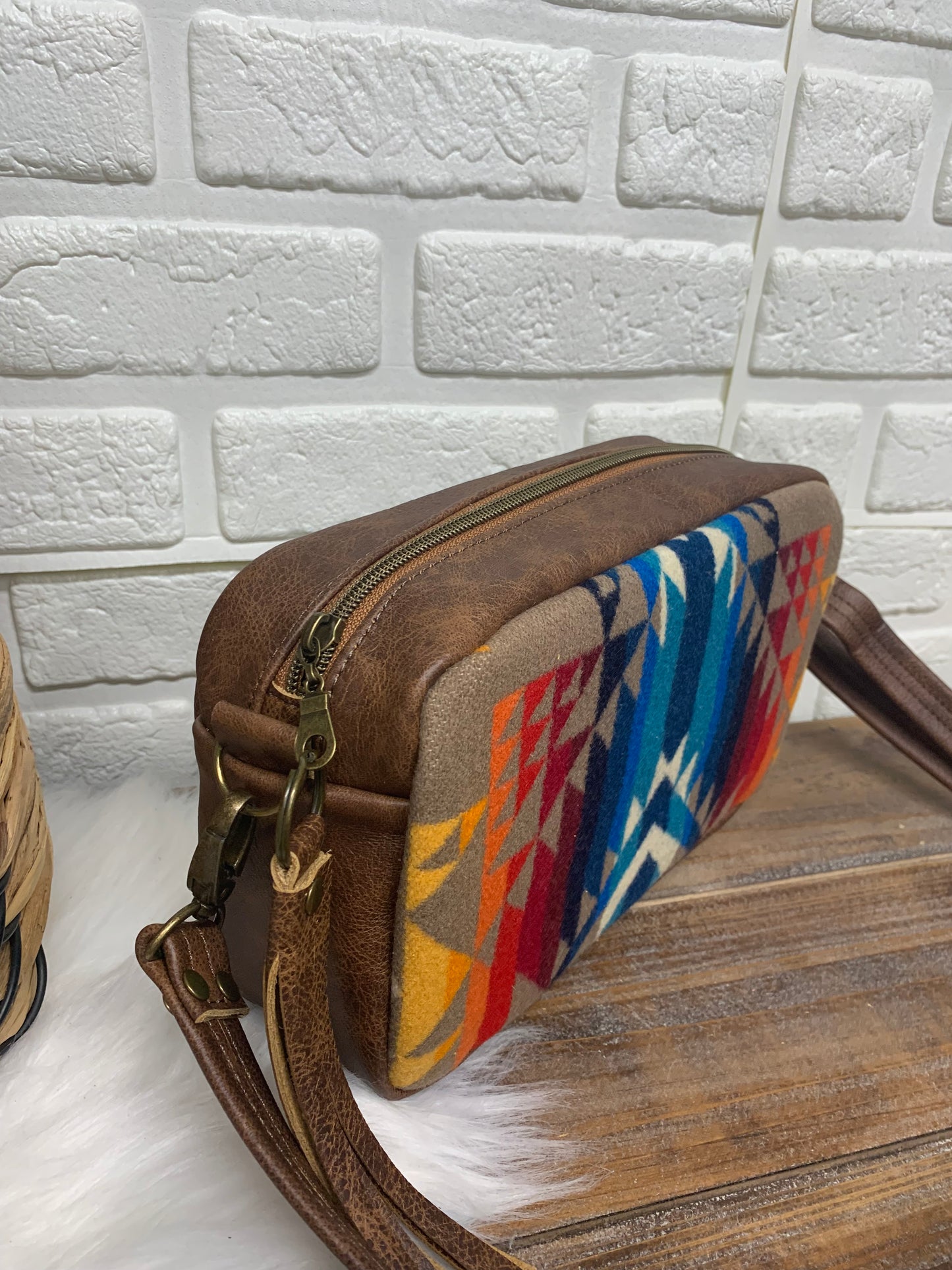 Emerald crossbody bag, Pilot Rock wool, saddle brown genuine leather, Camera bag