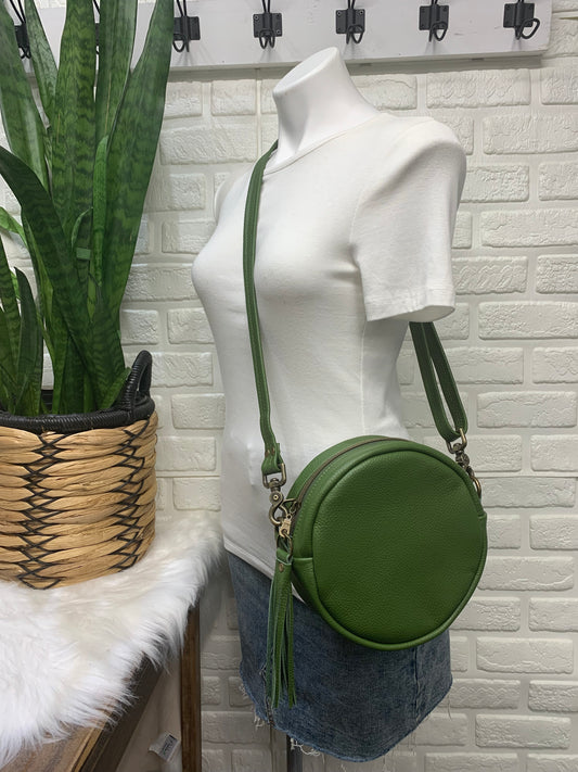 Moonstone crossbody bag, Olive leather, Circle bag