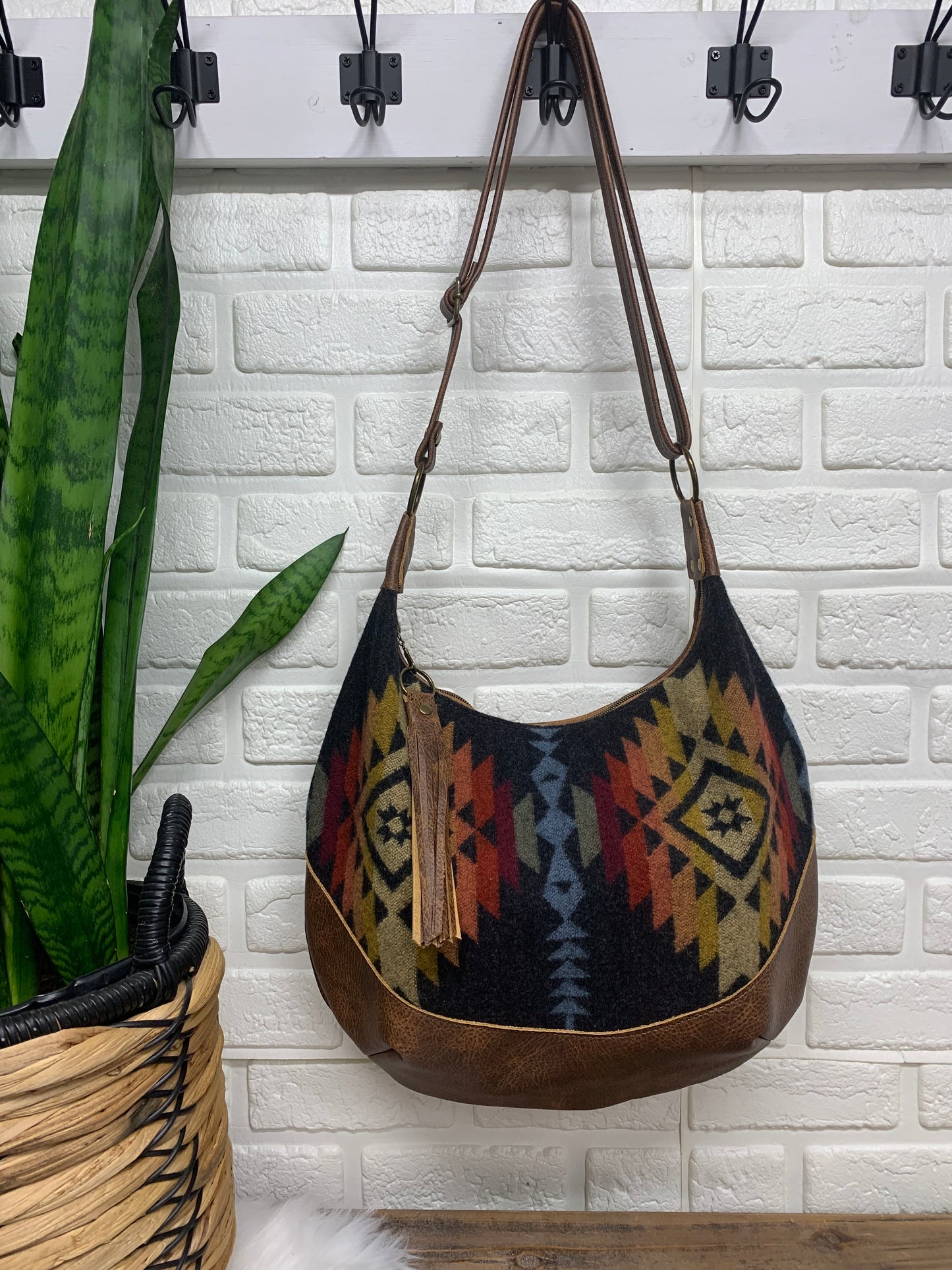 Wool and leather hobo bag, Pueblo Dwelling wool fabric, brown genuine leather