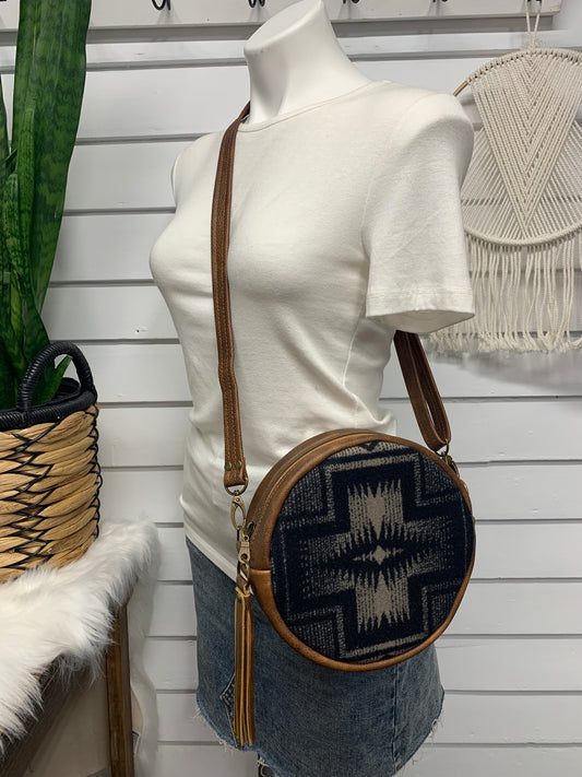 Moonstone crossbody bag, Harding black wool, saddle brown leather, Canteen bag