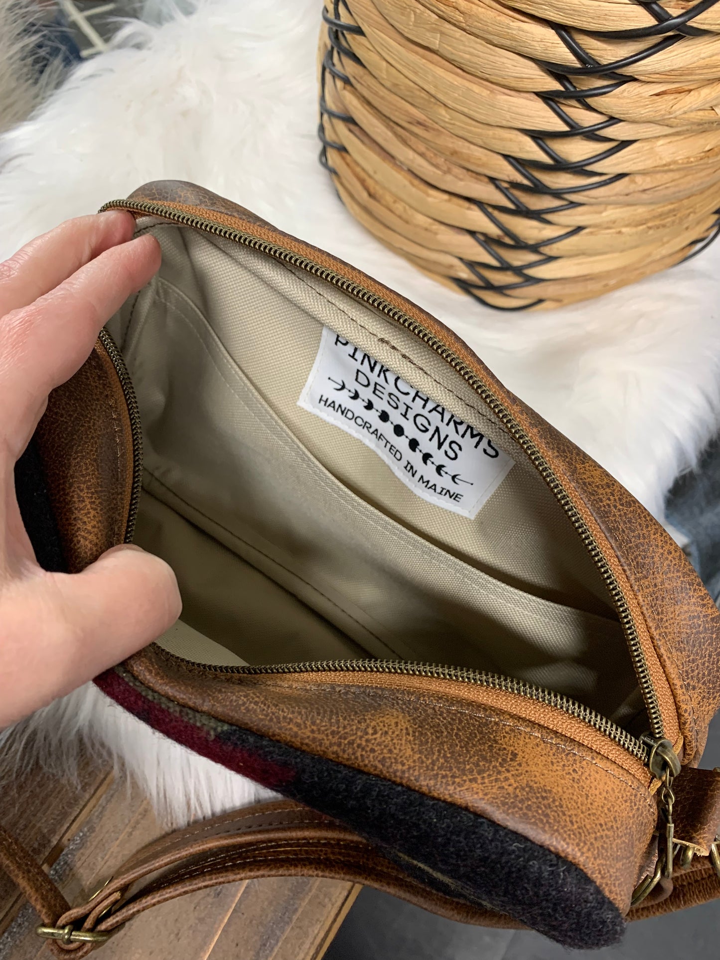 Emerald crossbody bag, Pueblo Dwelling wool, saddle brown leather