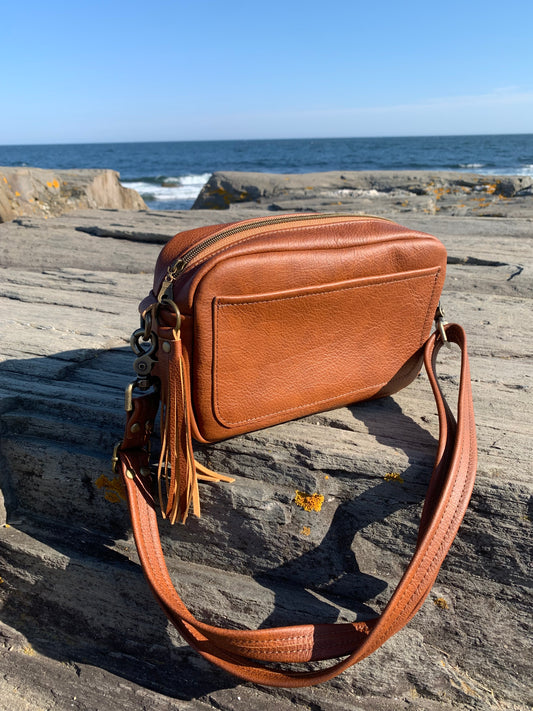 Emerald crossbody bag, Spice brown pebble grain leather