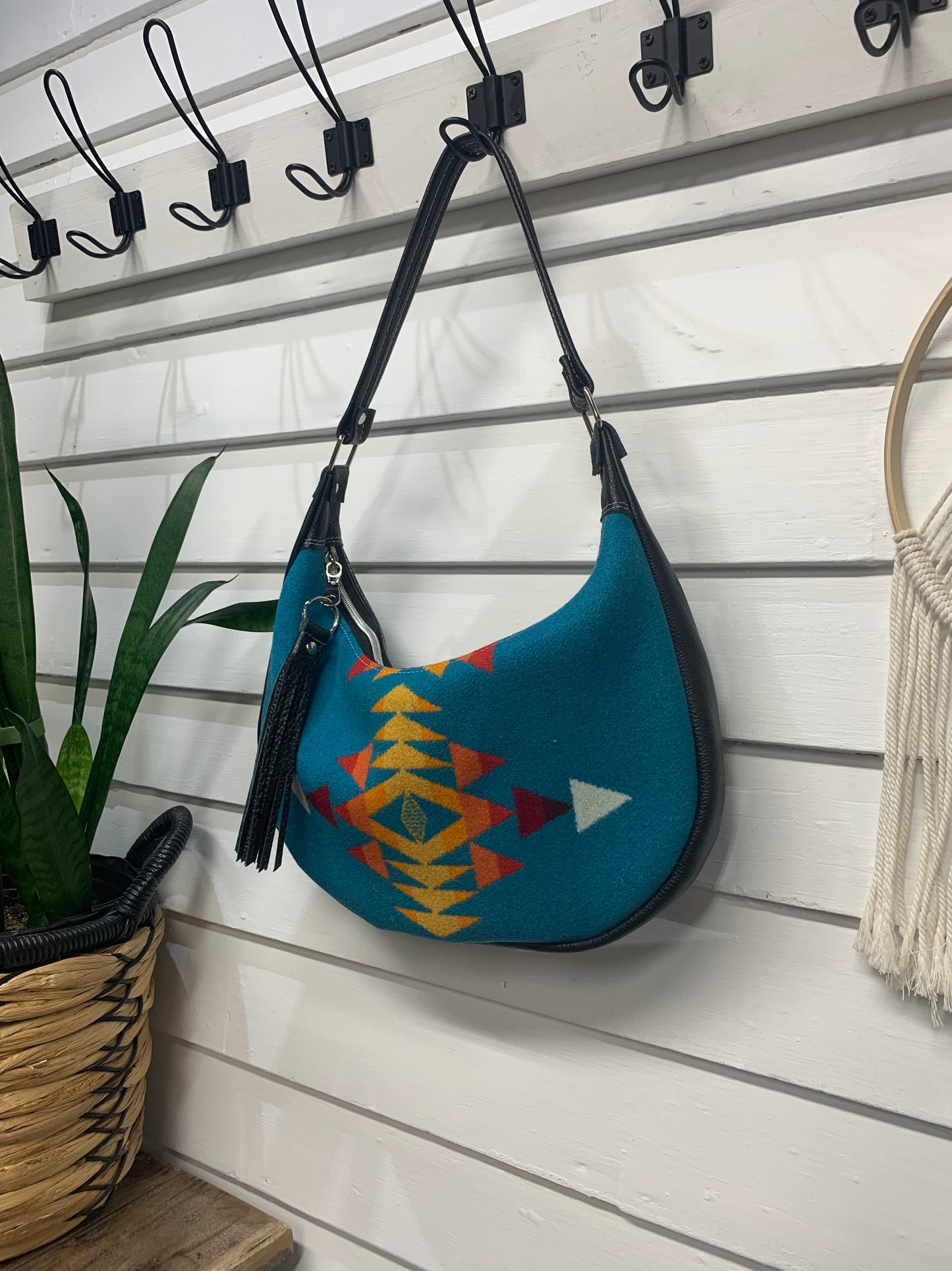 Garnet small hobo bag All Over Turquoise Wool and black leather, shoulder strap