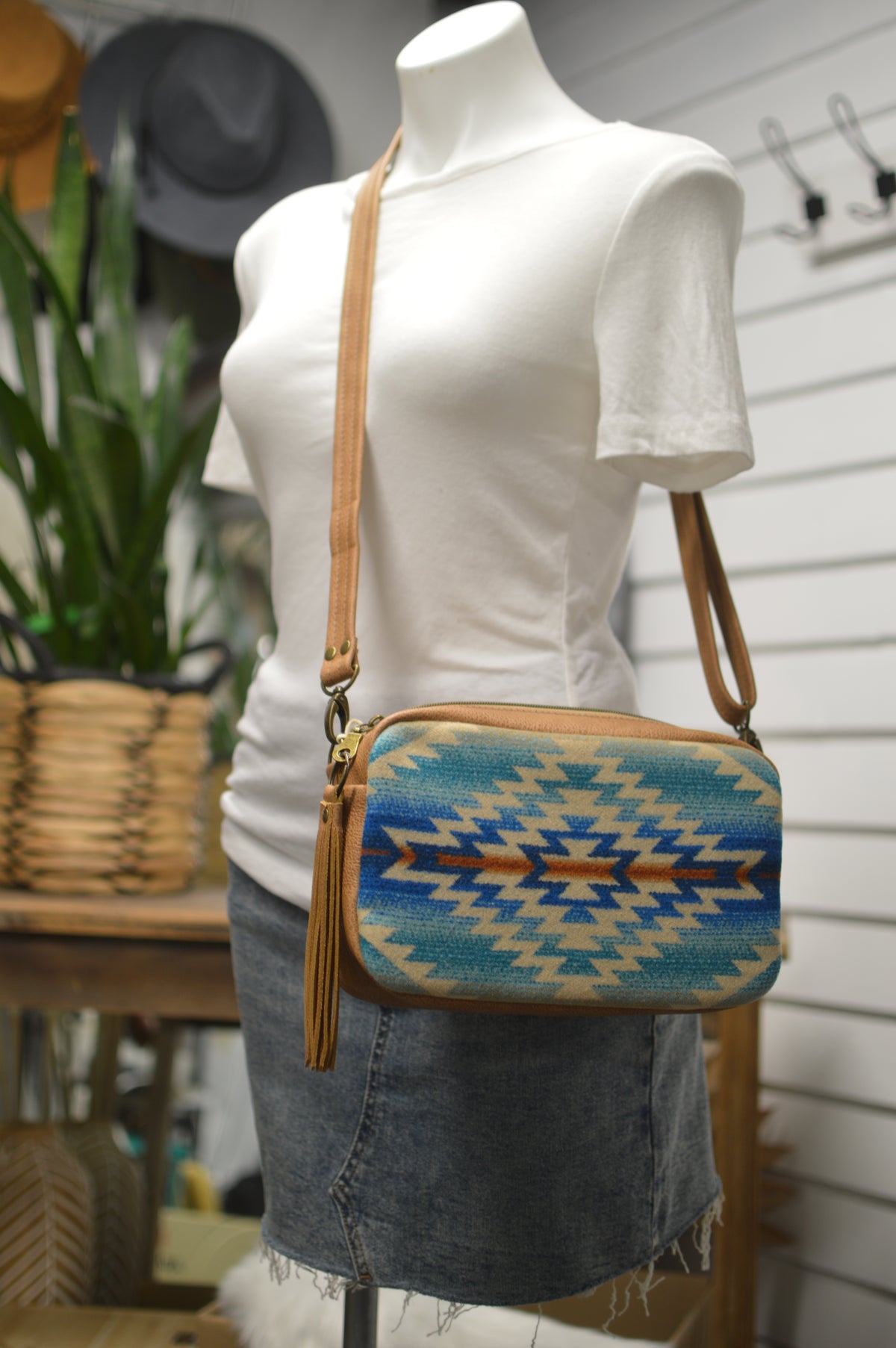 Emerald crossbody bag, Pagosa Springs wool, caramel leather, Square bag