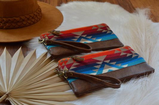 Wool and leather clutch wristlet, Pilot rock wool, saddle leather clutch wallet