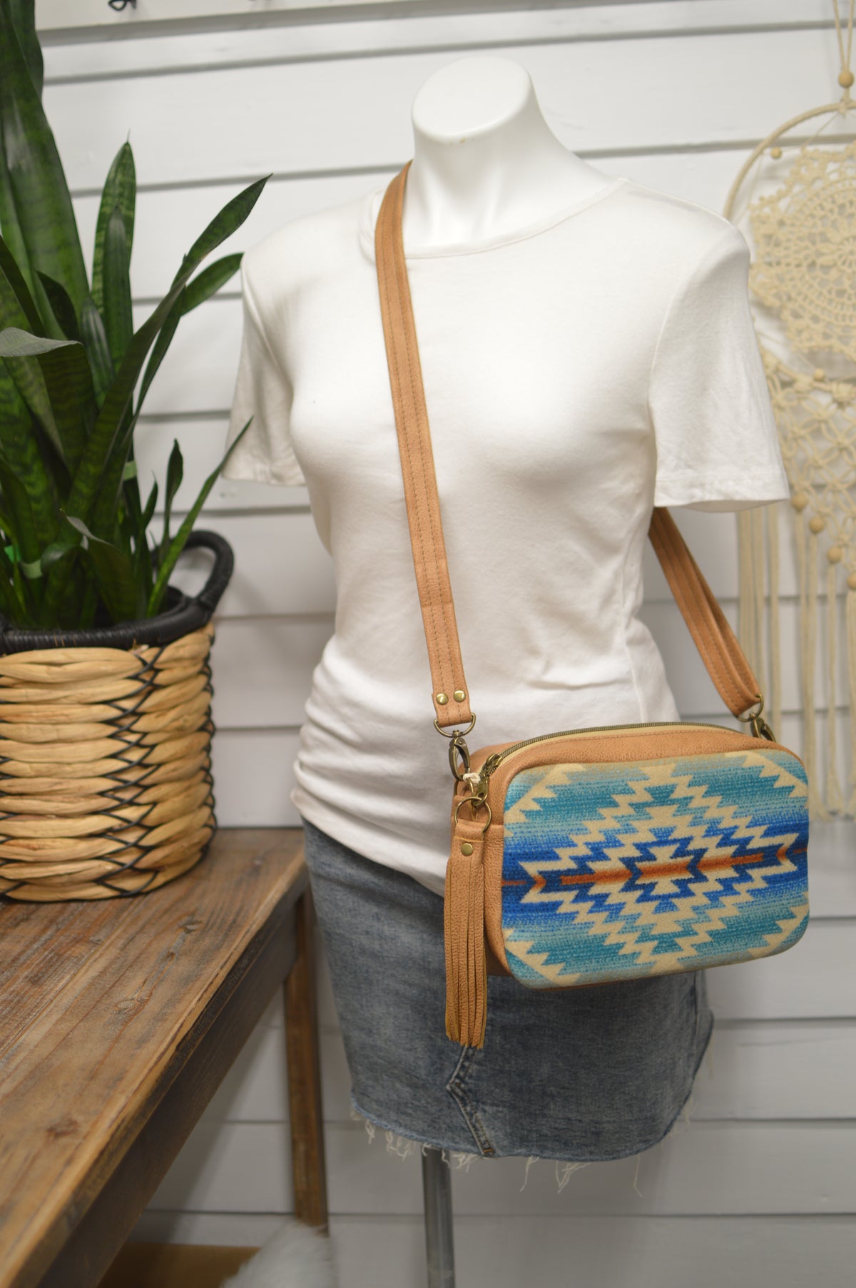 Emerald crossbody bag, Pagosa Springs wool, caramel leather, Square bag