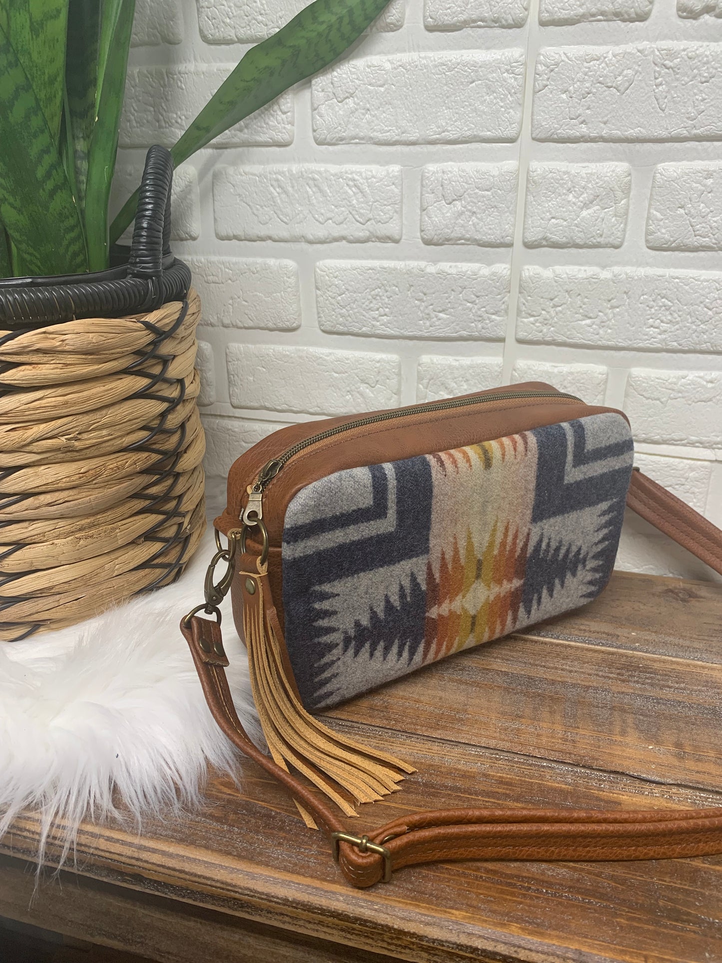Emerald crossbody bag, Harding Navy wool, spice brown leather, Camera bag