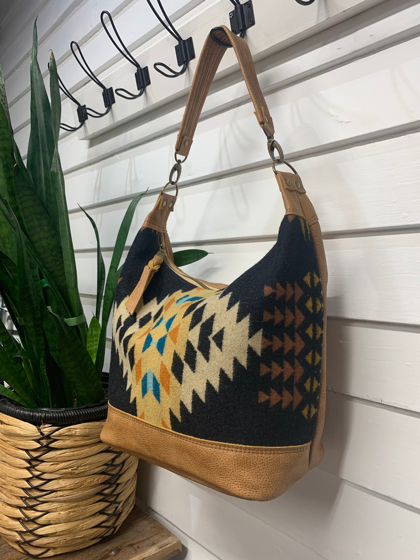 Jasper Bucket bag, Rancho Arroyo black wool, caramel leather