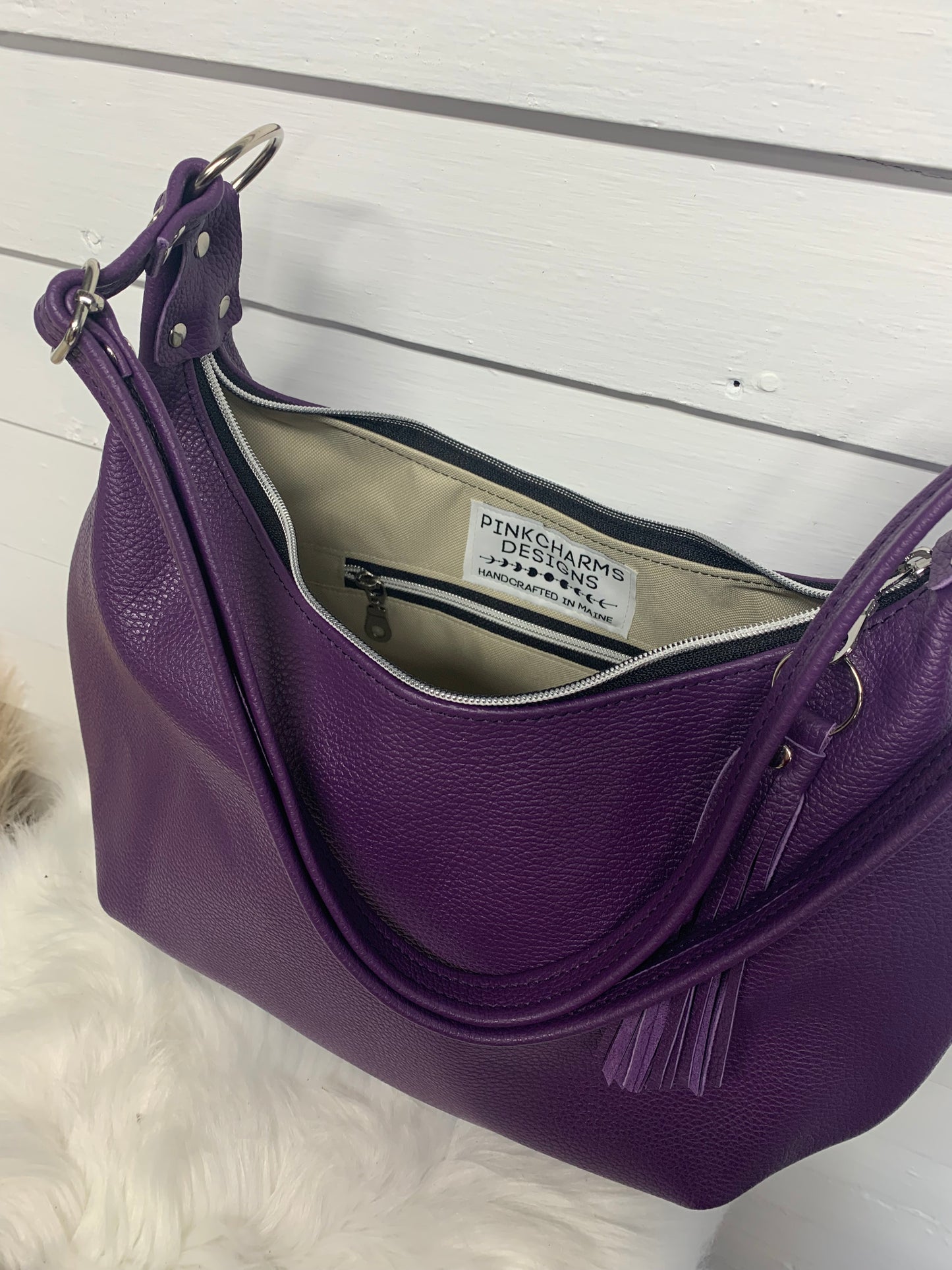 Onyx hobo bag, Purple Italian pebble grain leather crossbody