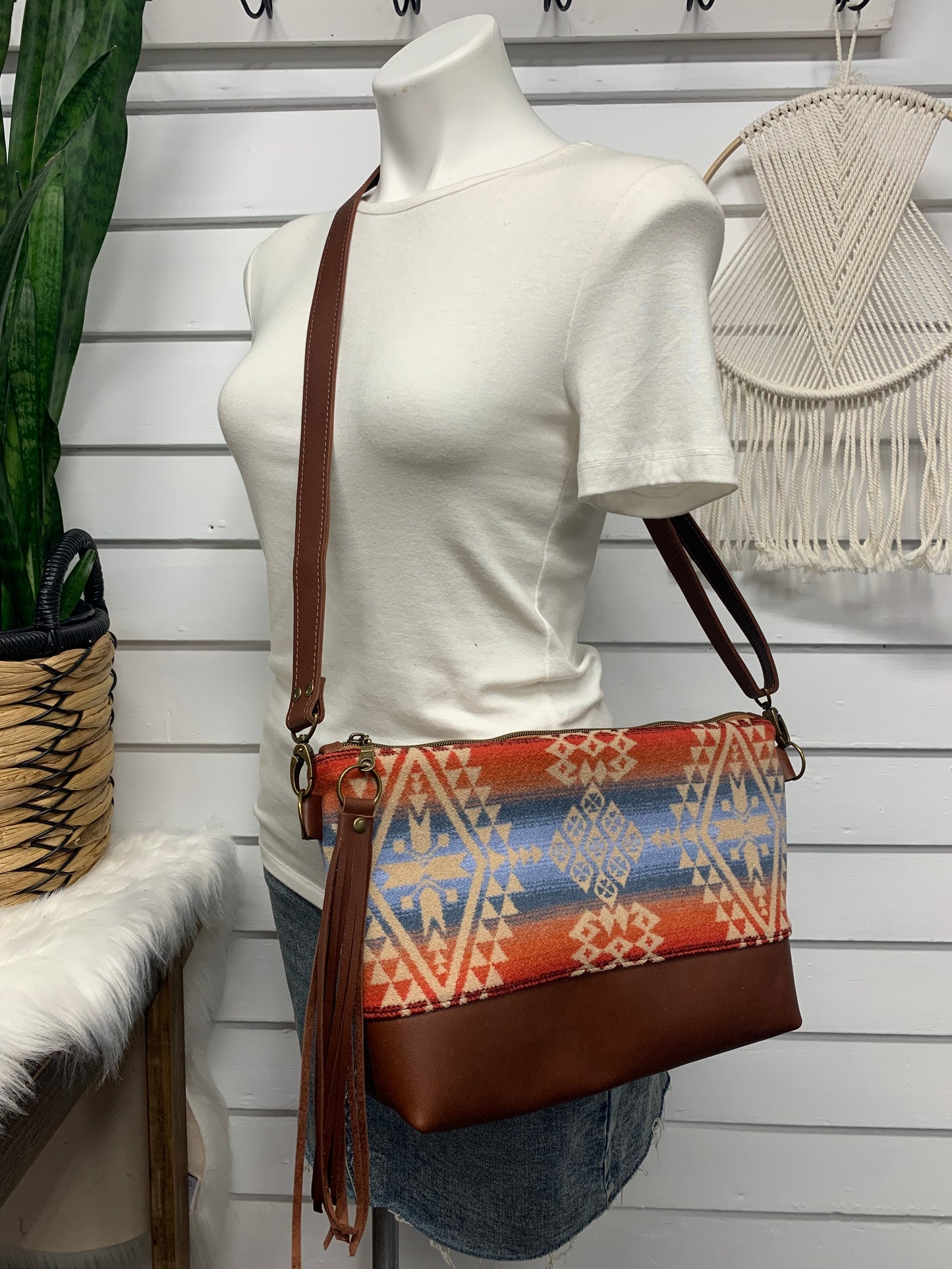 XL Ruby crossbody bag, Desert sky wool, waxed red brown leather