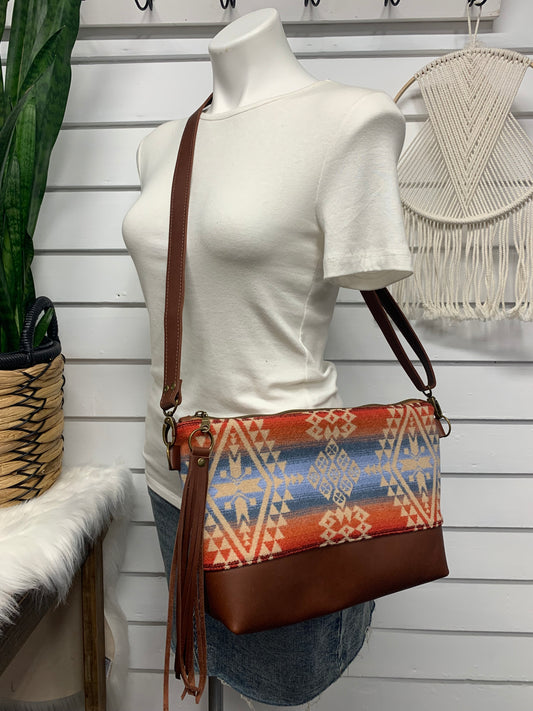 XL Ruby crossbody bag, Desert sky wool, waxed red brown leather