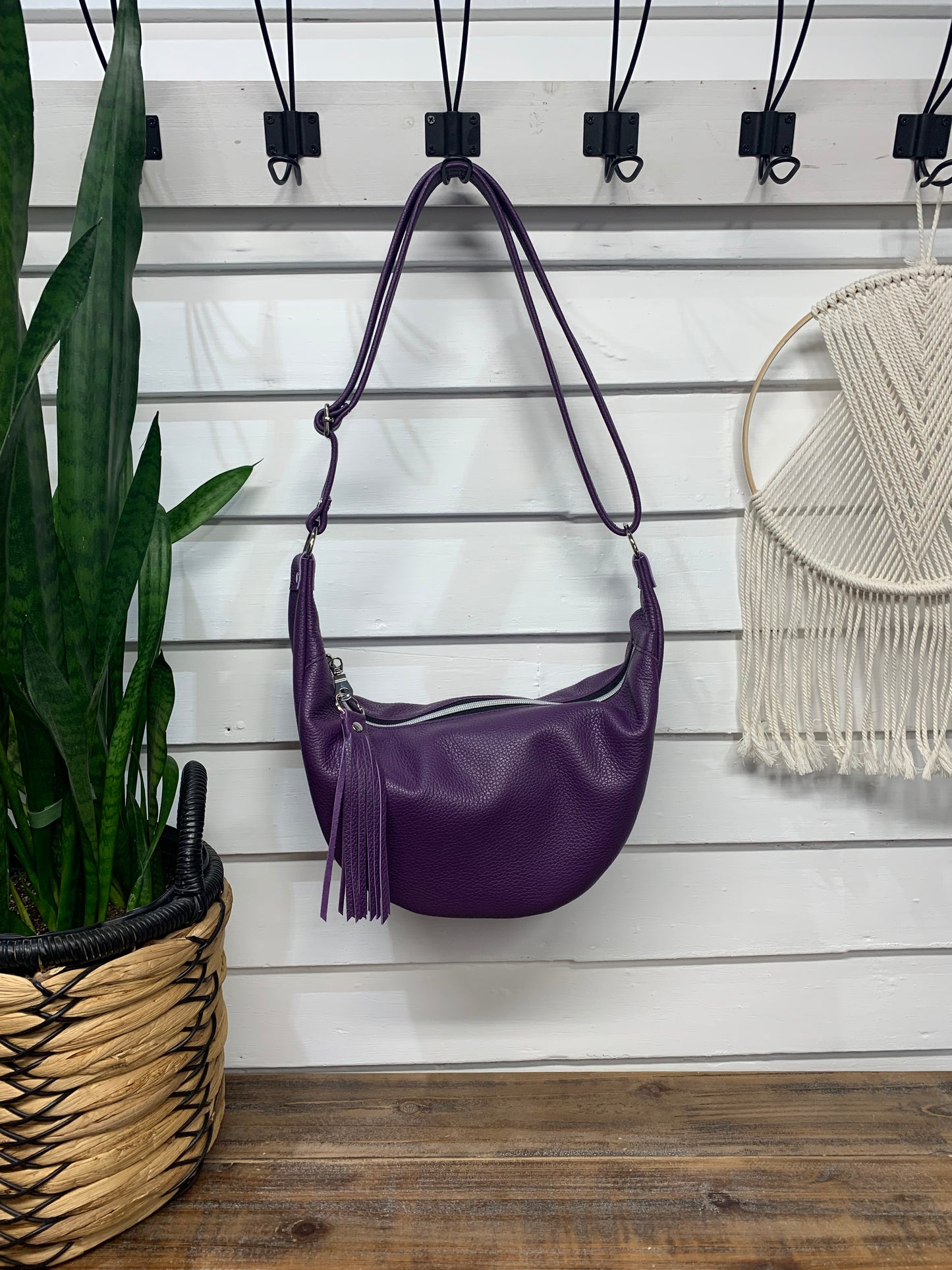 Half moon crossbody hobo bag Purple Italian leather