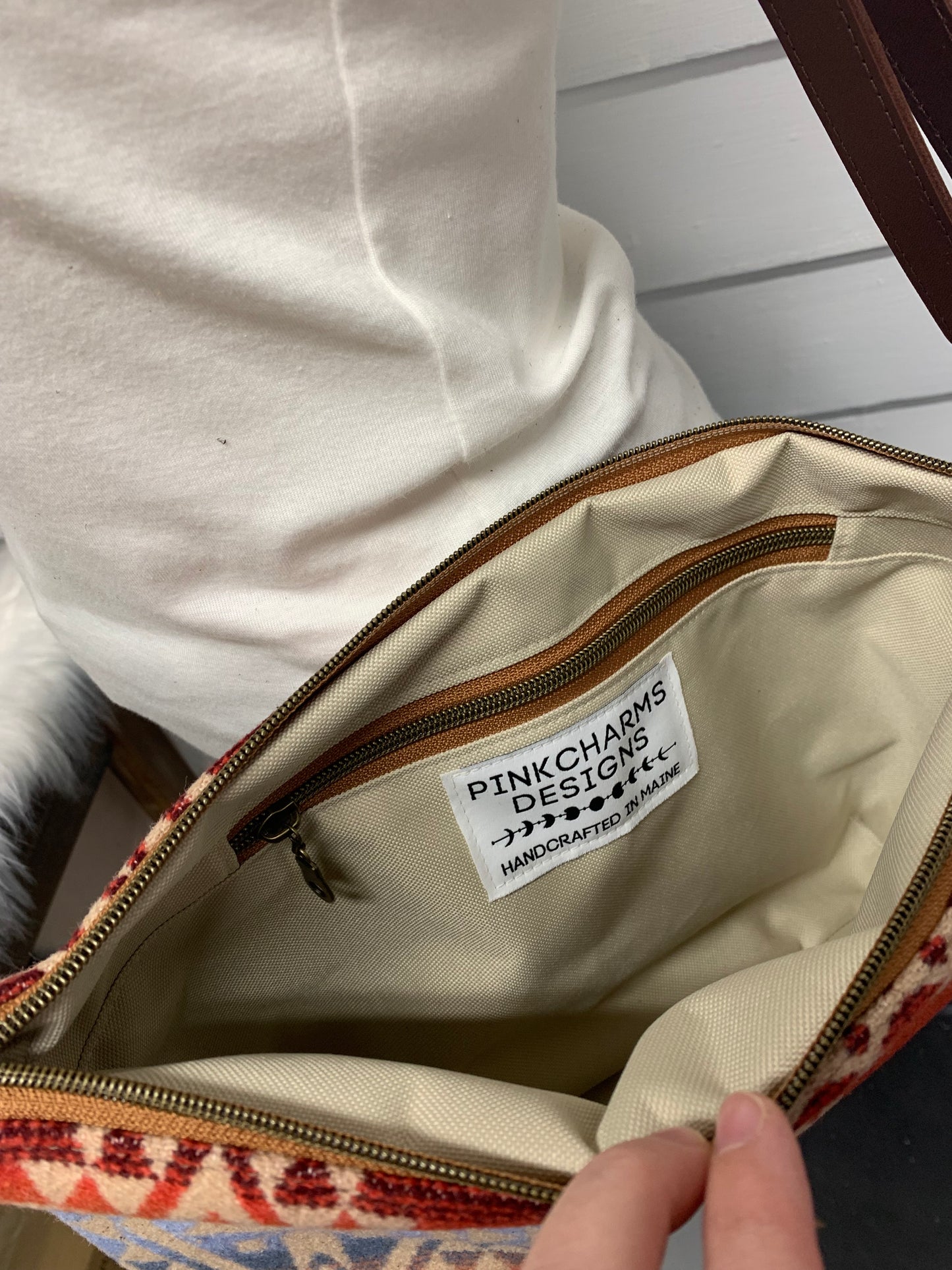 XL Ruby crossbody bag, Desert sky wool, waxed red brown leather