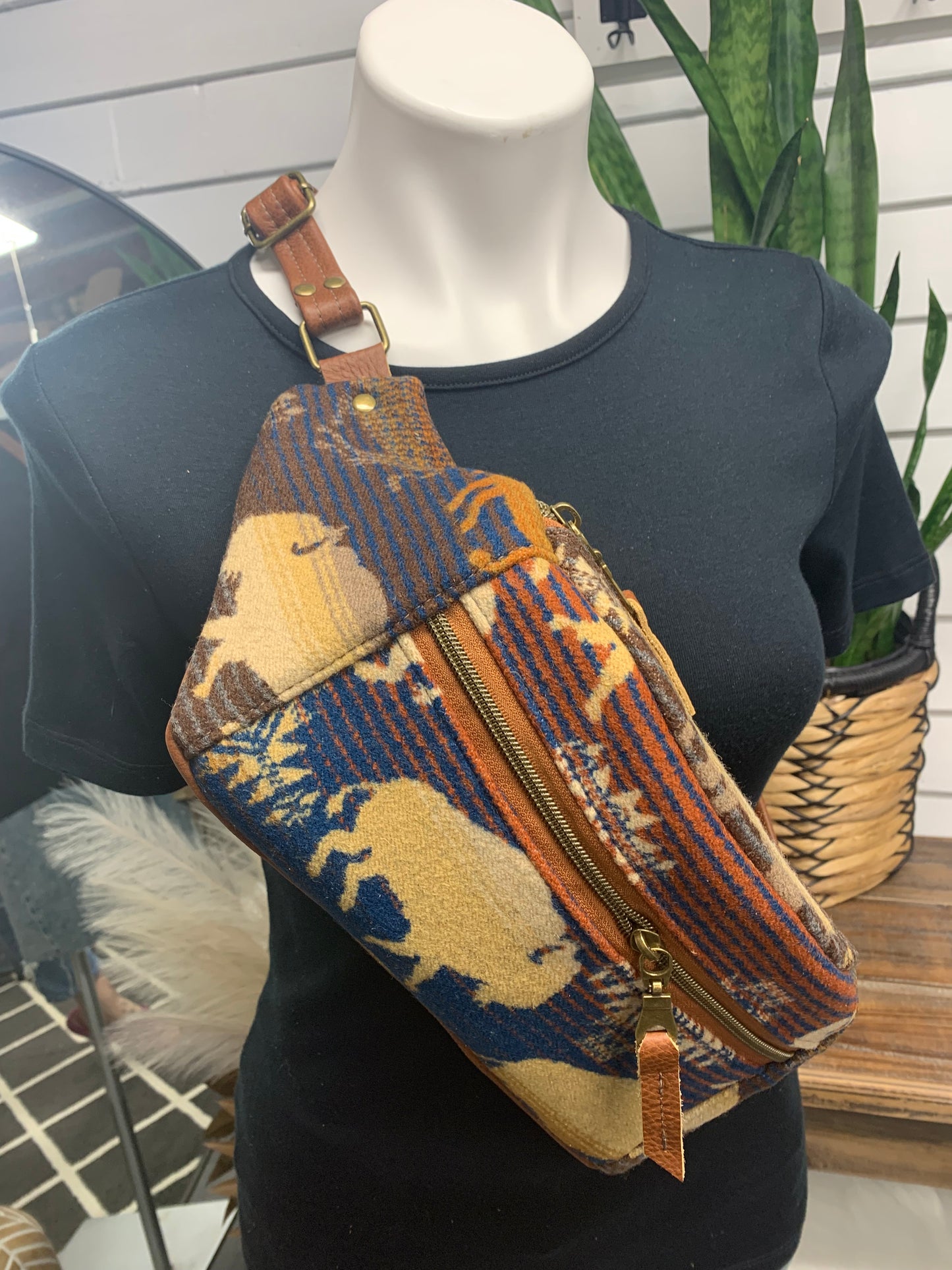 Jade Sling bag Buffalo wool and saddle leather crossbody
