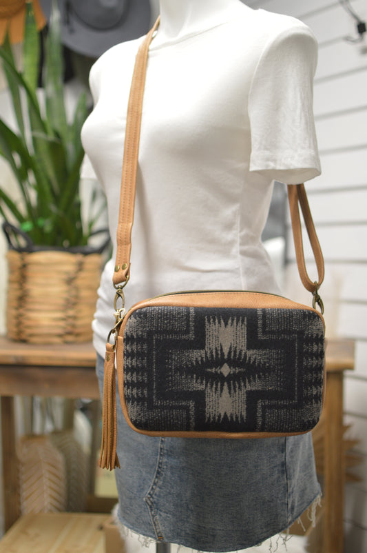 Emerald crossbody bag, Harding black wool, caramel leather, Square bag
