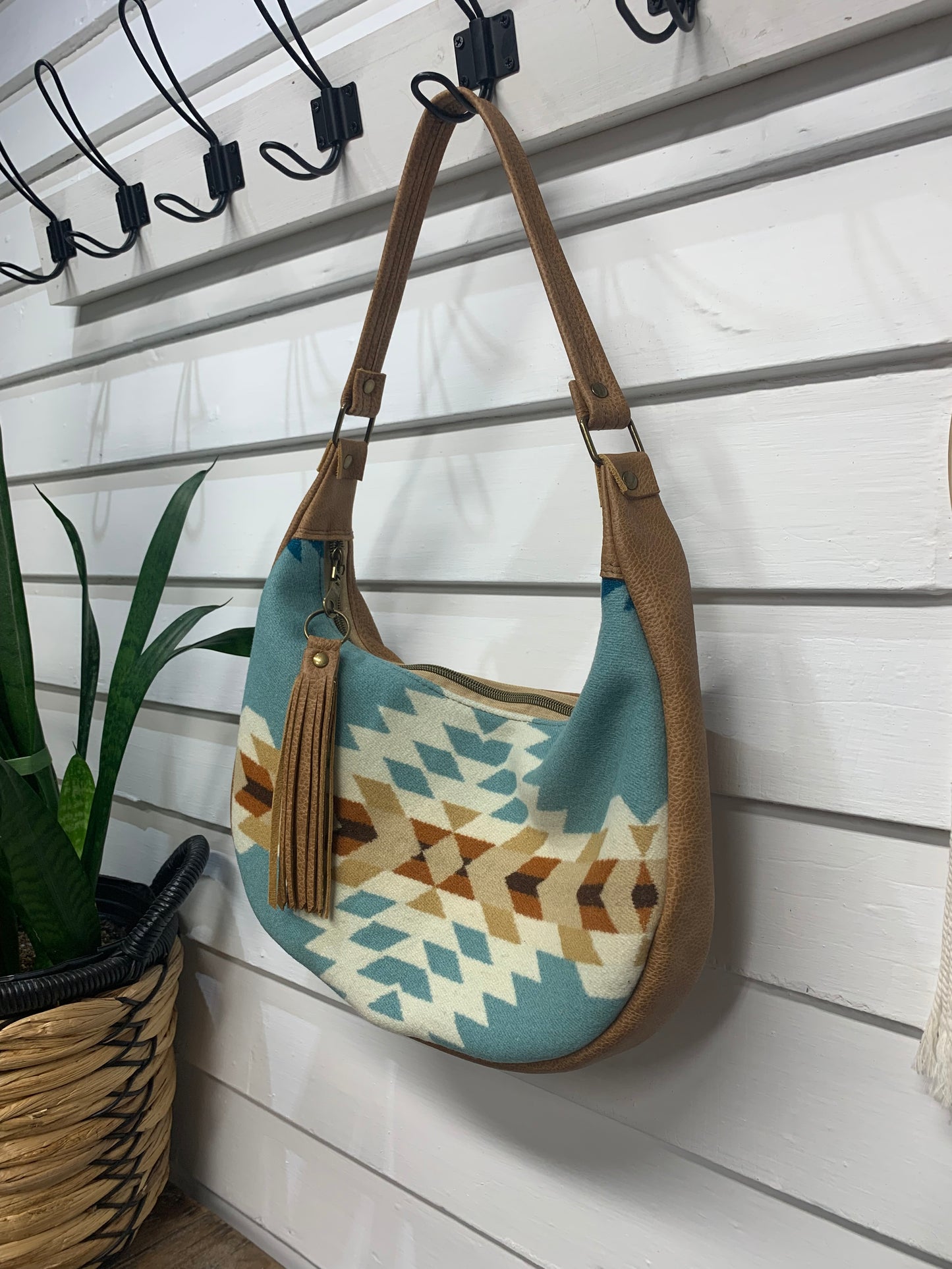 Garnet small hobo bag Rancho Arroyo Aqua Wool and caramel leather, shoulder strap