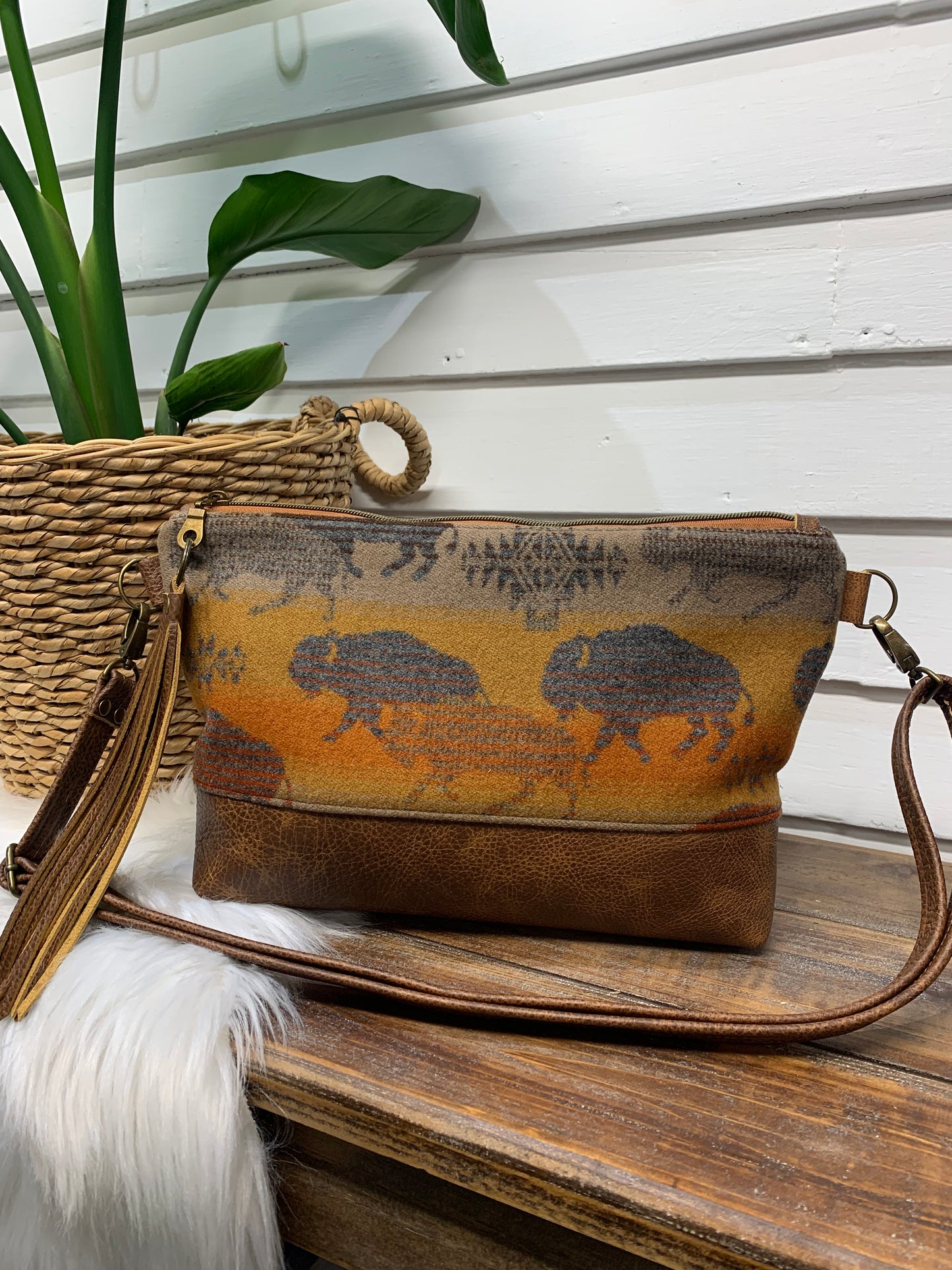 XL Ruby crossbody bag, Buffalo wool, saddle brown cowhide leather