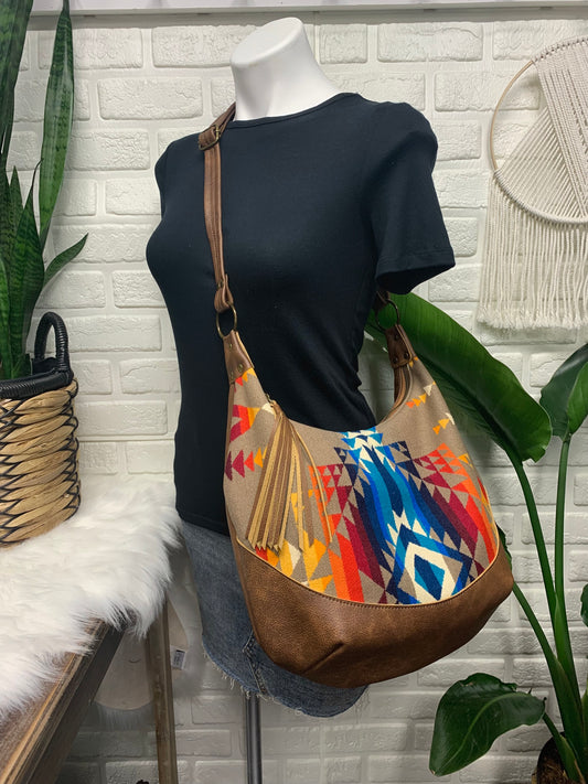 Wool and leather hobo bag, Pilot Rock wool fabric, brown genuine leather, hobo bag, wool crossbody bag