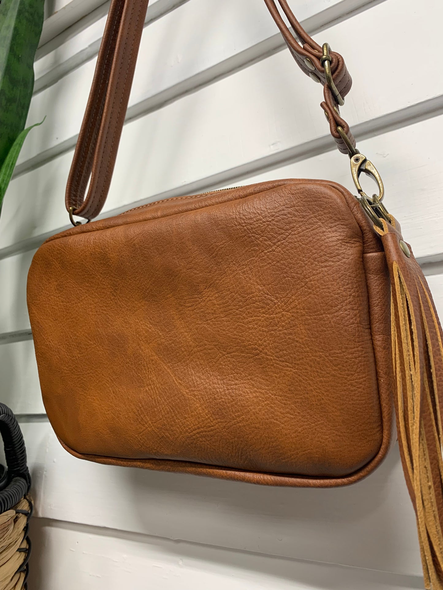 Emerald crossbody bag, Navy Trails wool, spice brown leather, square bag