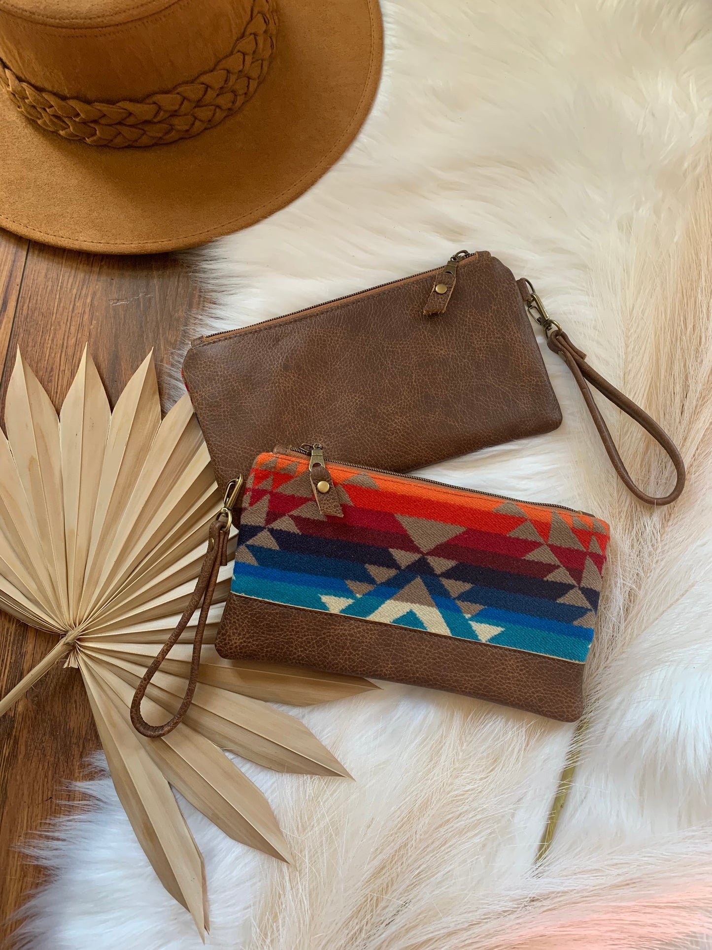 Wool and leather clutch wristlet, Pilot rock wool, saddle leather clutch wallet