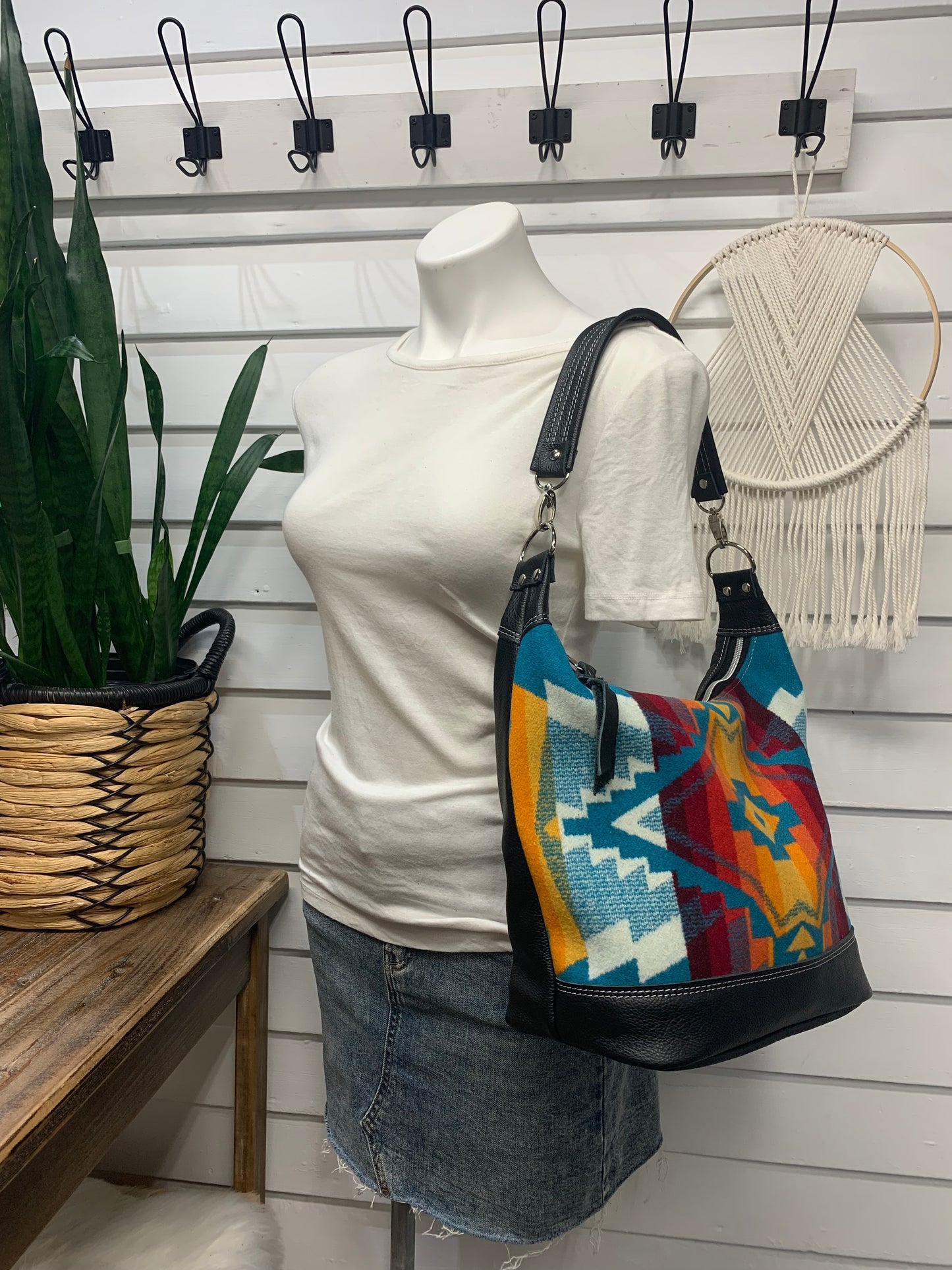 Jasper Bucket bag, All Over Turquoise wool, black leather