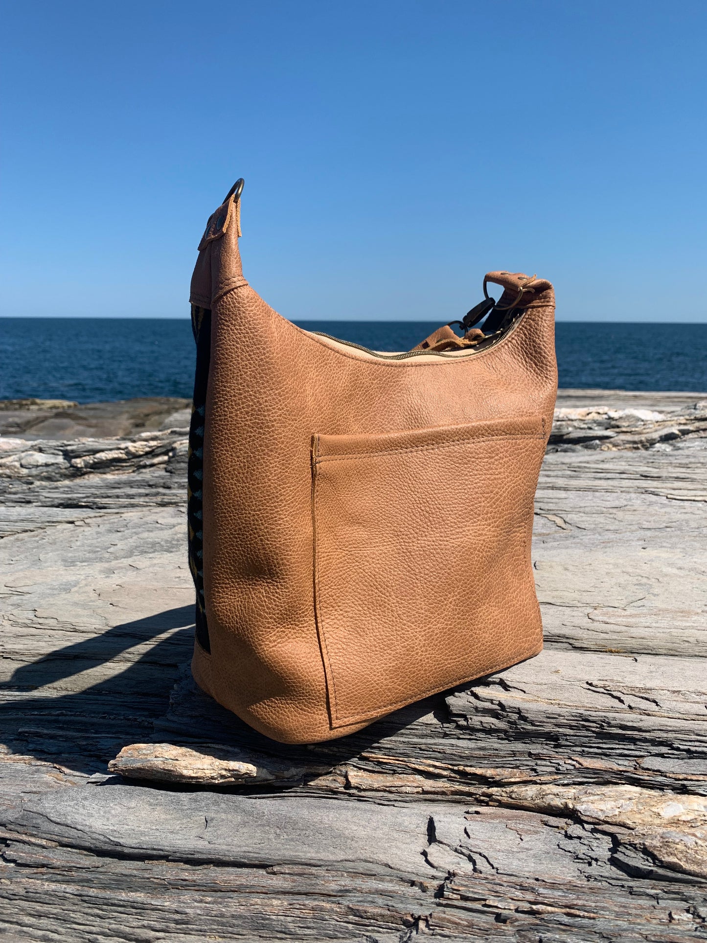 Jasper Bucket bag, Rancho Arroyo black wool, caramel leather