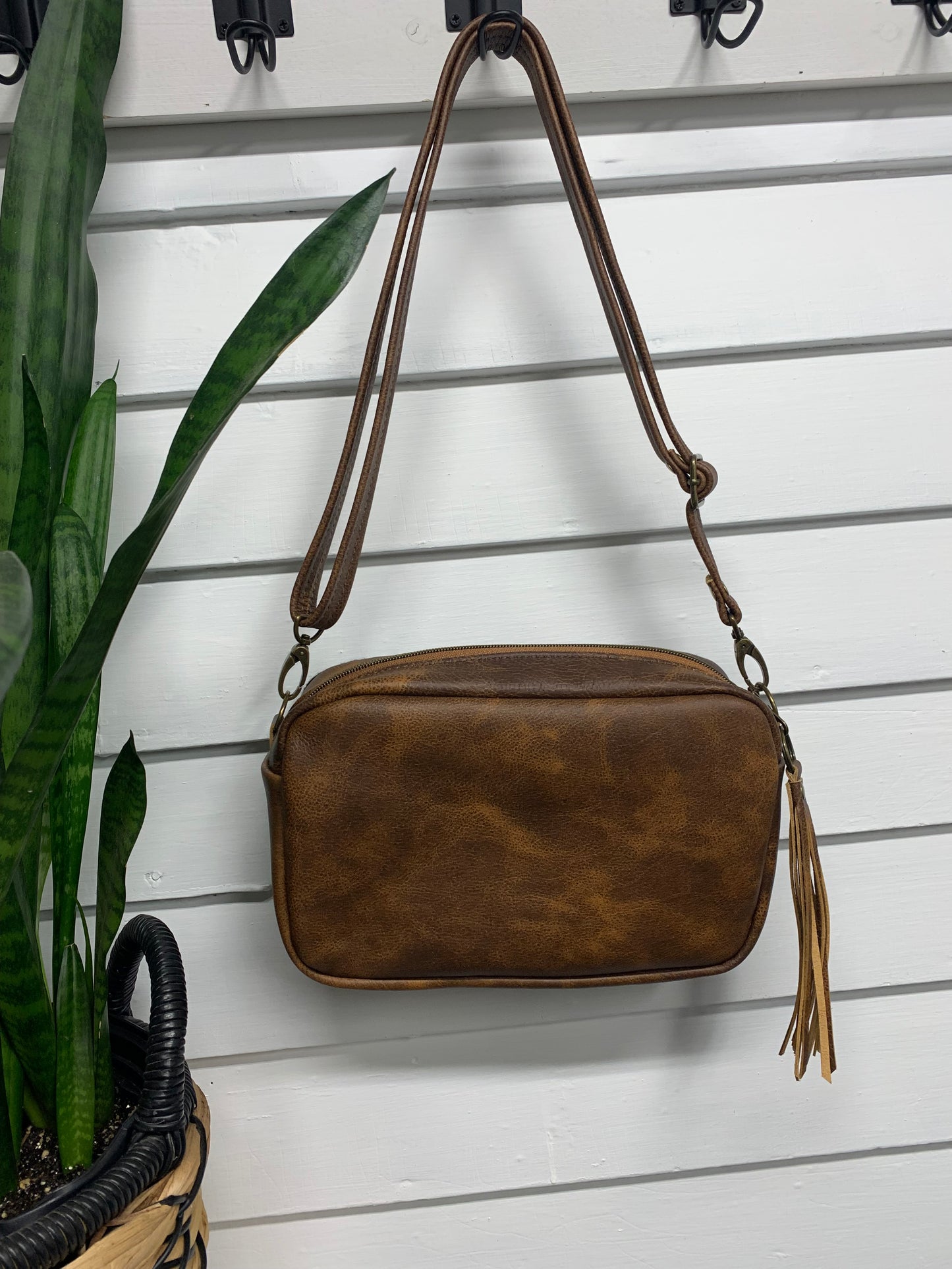 Emerald crossbody bag, Pueblo Dwelling wool, saddle brown leather