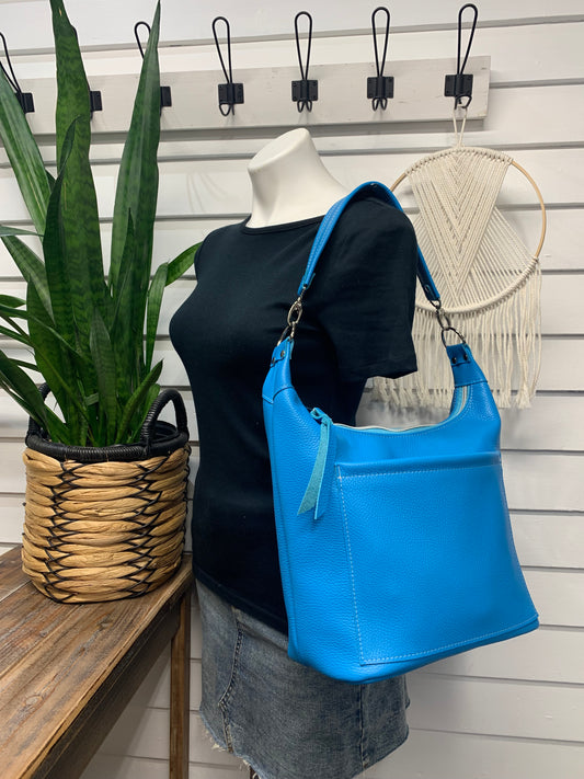 Jasper Bucket bag, Bright Blue Italian pebble grain leather