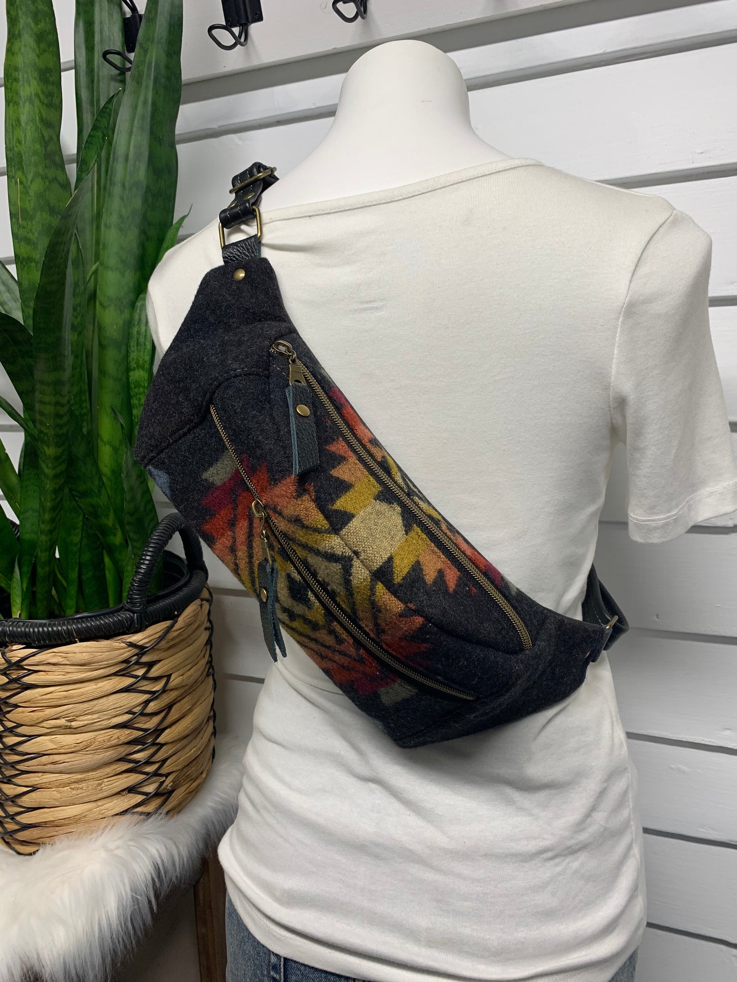 Jade Sling bag Pueblo dwelling wool and black leather crossbody