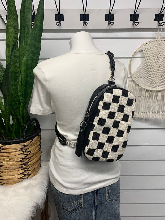Citrine Sling backpack Checkered Mali Mudcloth and Black leather