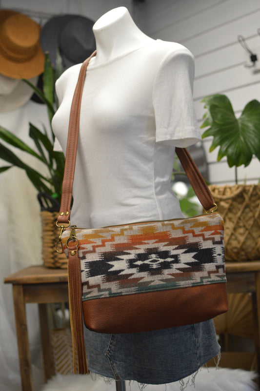 XL Ruby crossbody bag, Mesilla wool, waxed dark brown leather