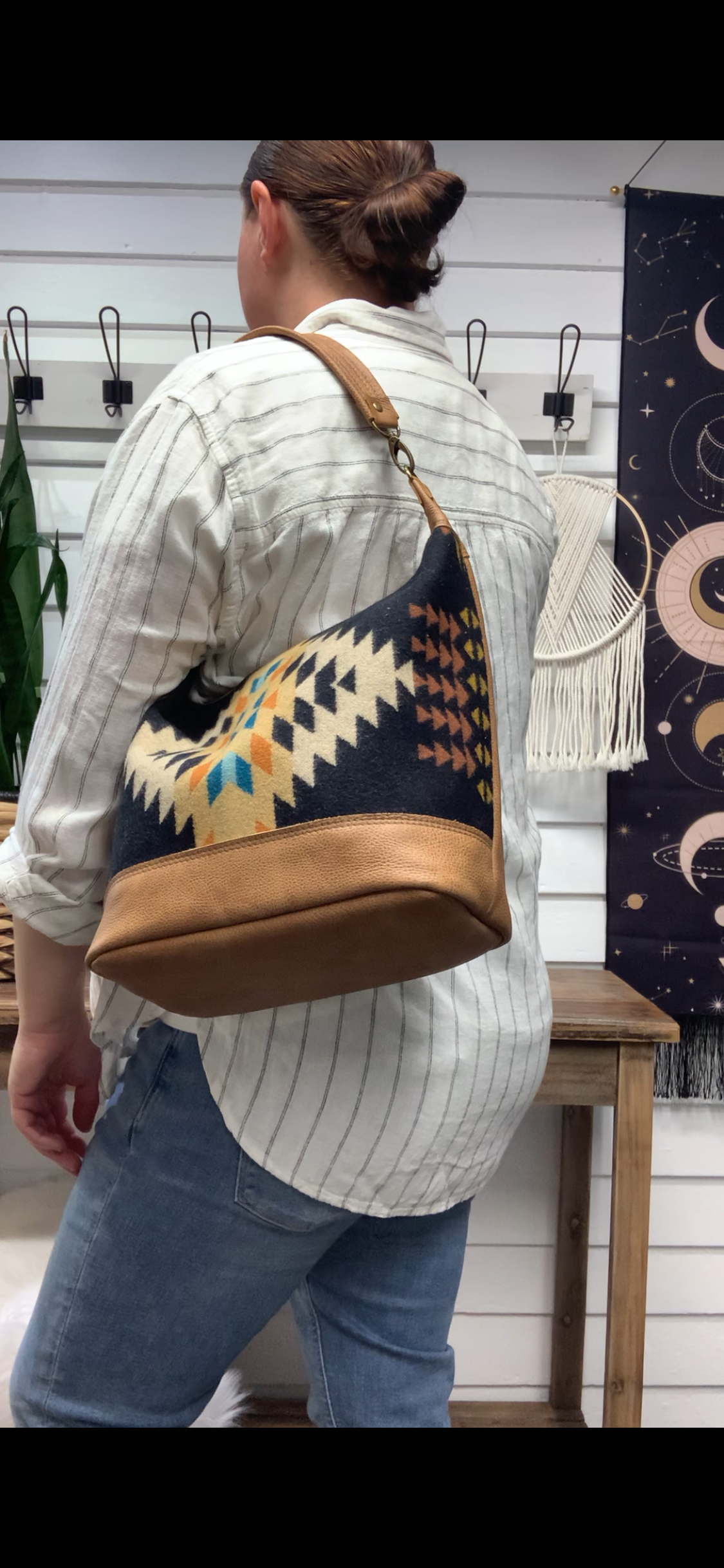 Jasper Bucket bag, Rancho Arroyo black wool, caramel leather