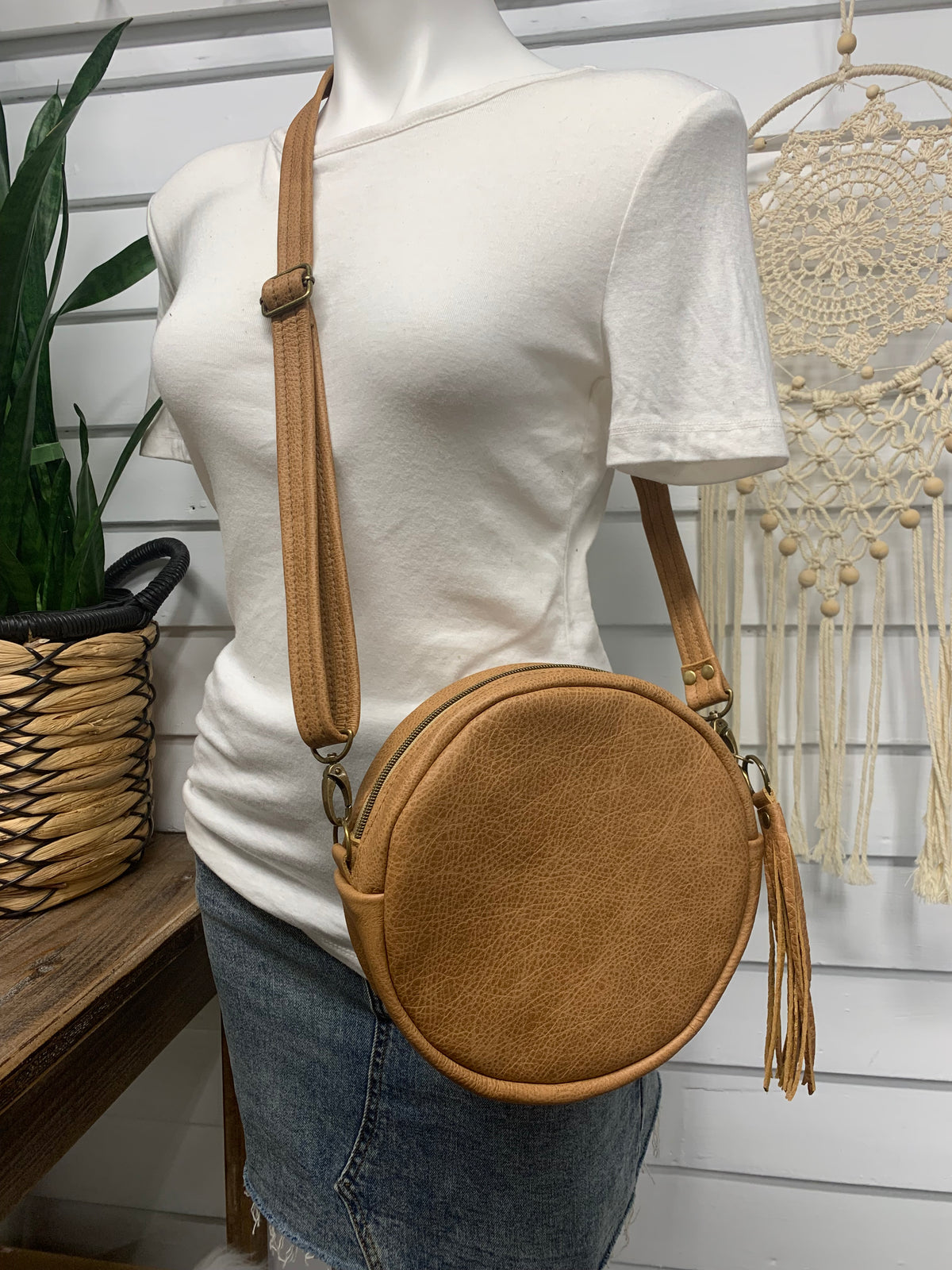 Moonstone crossbody bag, Pagosa Springs wool, caramel brown leather, Canteen bag