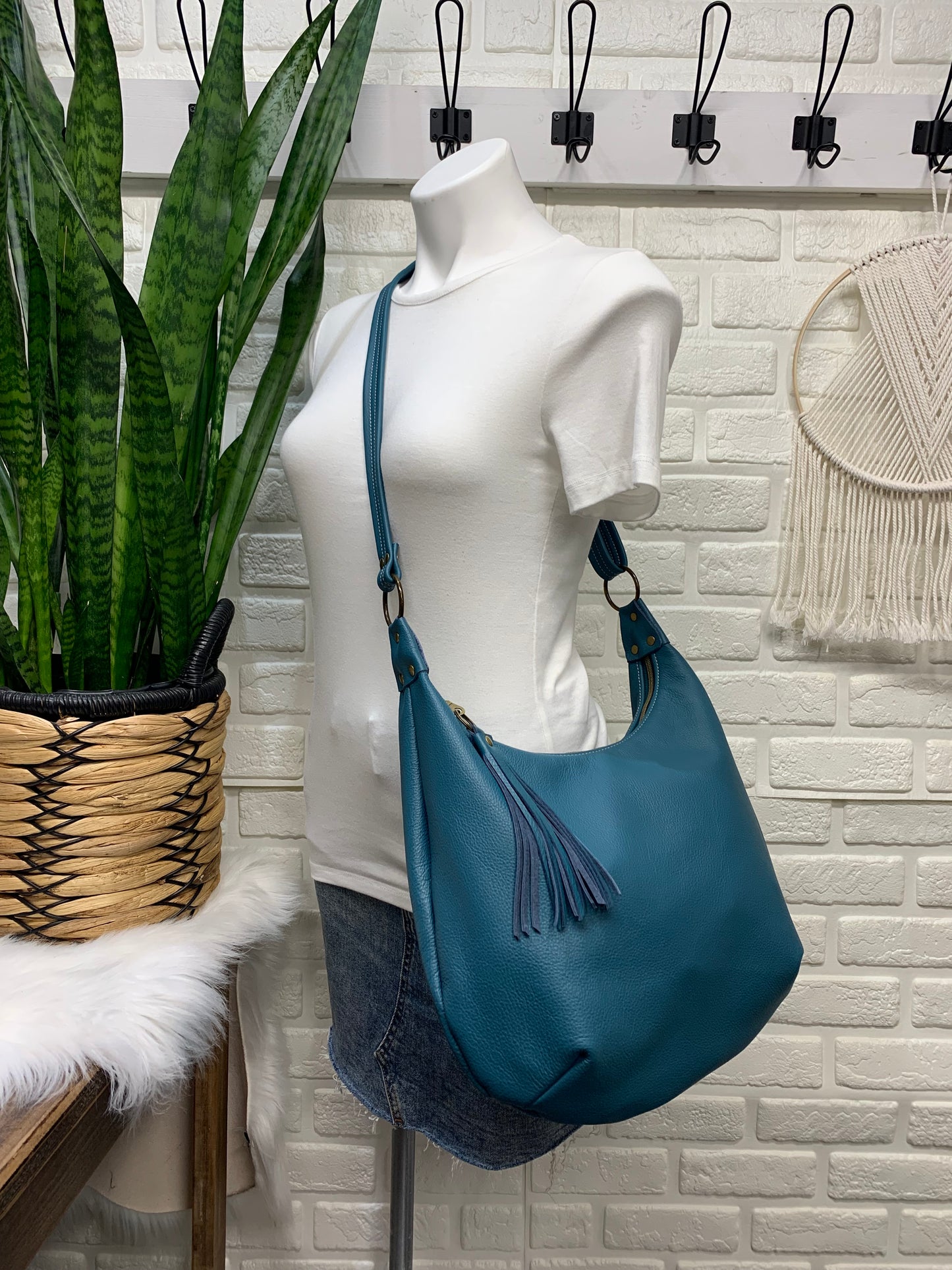 Teal leather hobo bag,  genuine leather handbag