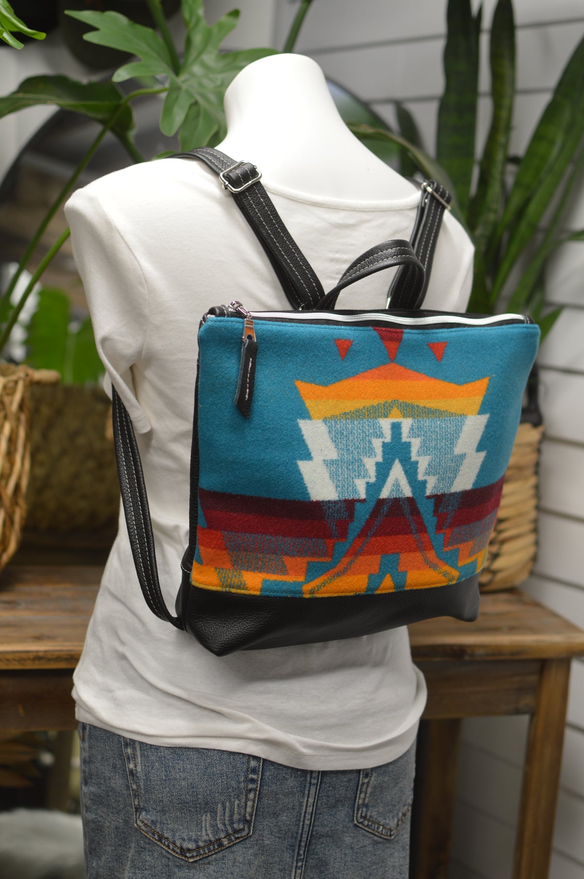 Backpack Overall Turquoise wool,  black leather