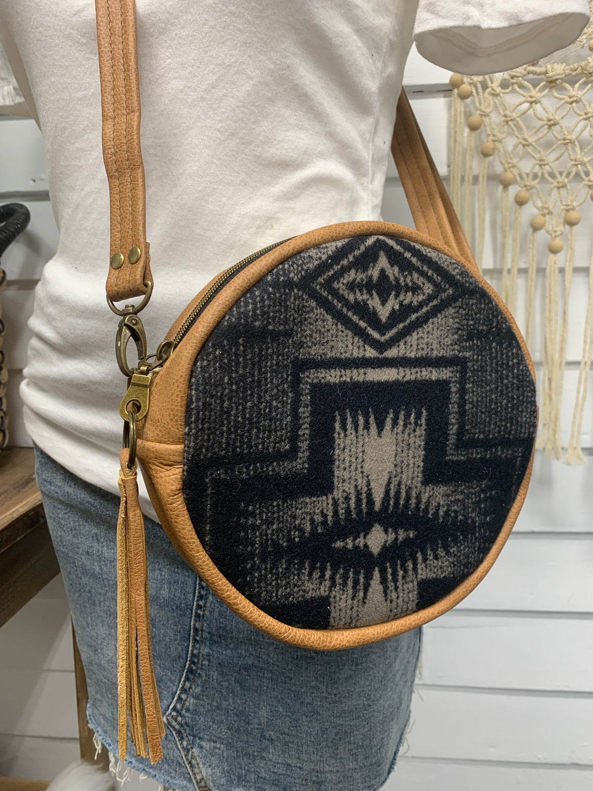 Moonstone crossbody bag, Harding black wool, caramel brown leather, Canteen bag