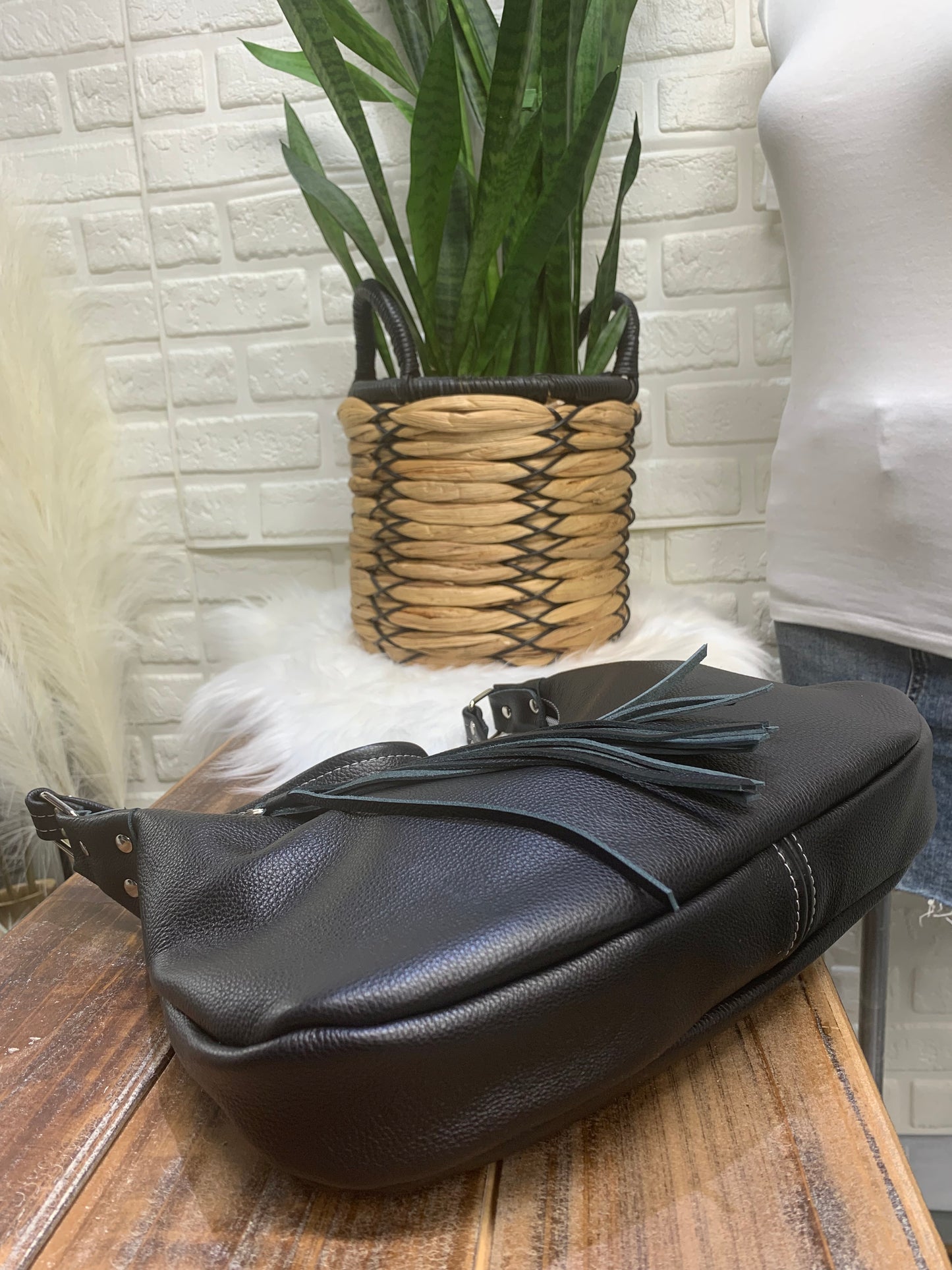 Small hobo bag Black Italian leather, shoulder strap