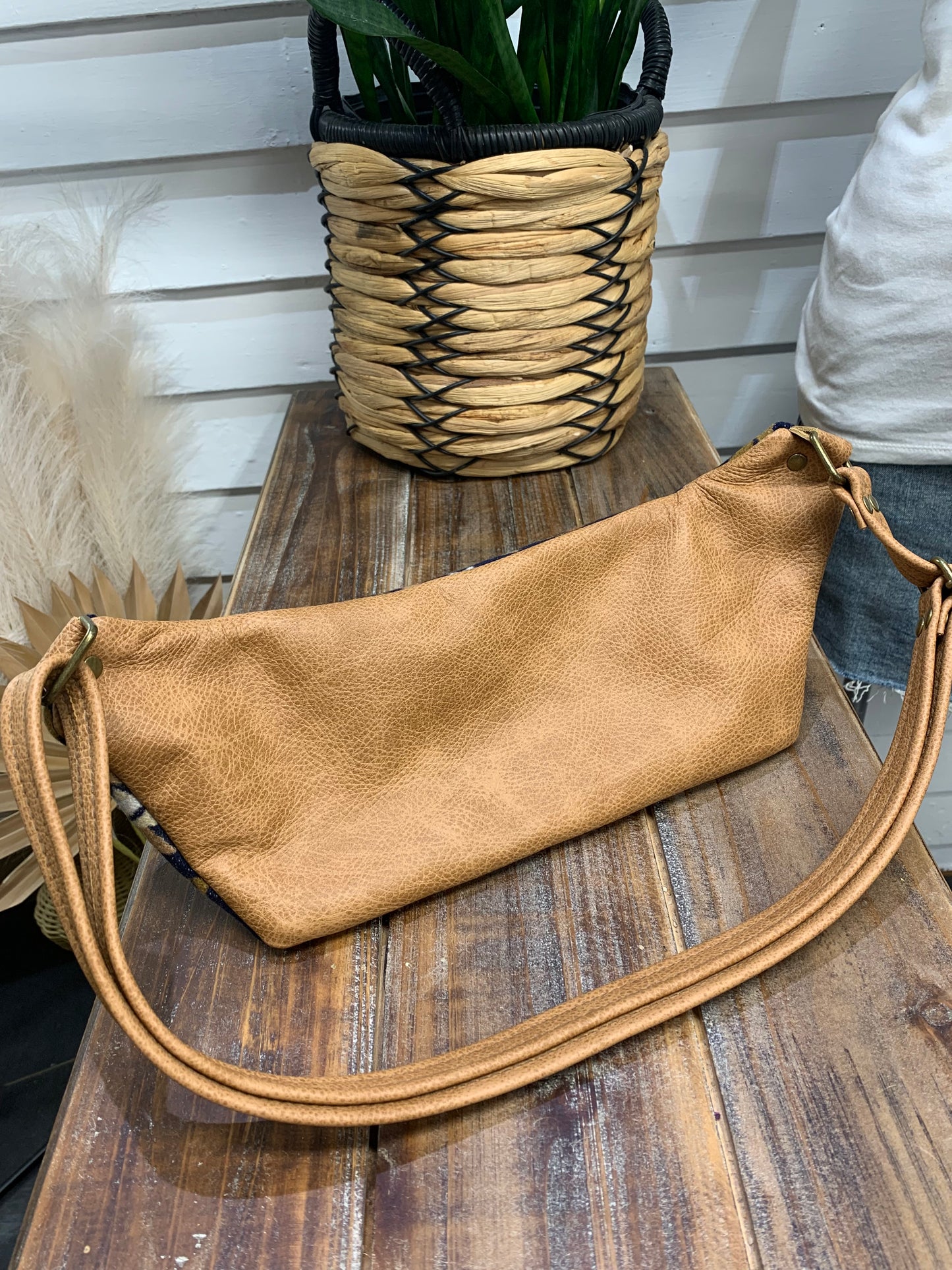 Jade Sling bag Navy Trails wool and caramel leather crossbody