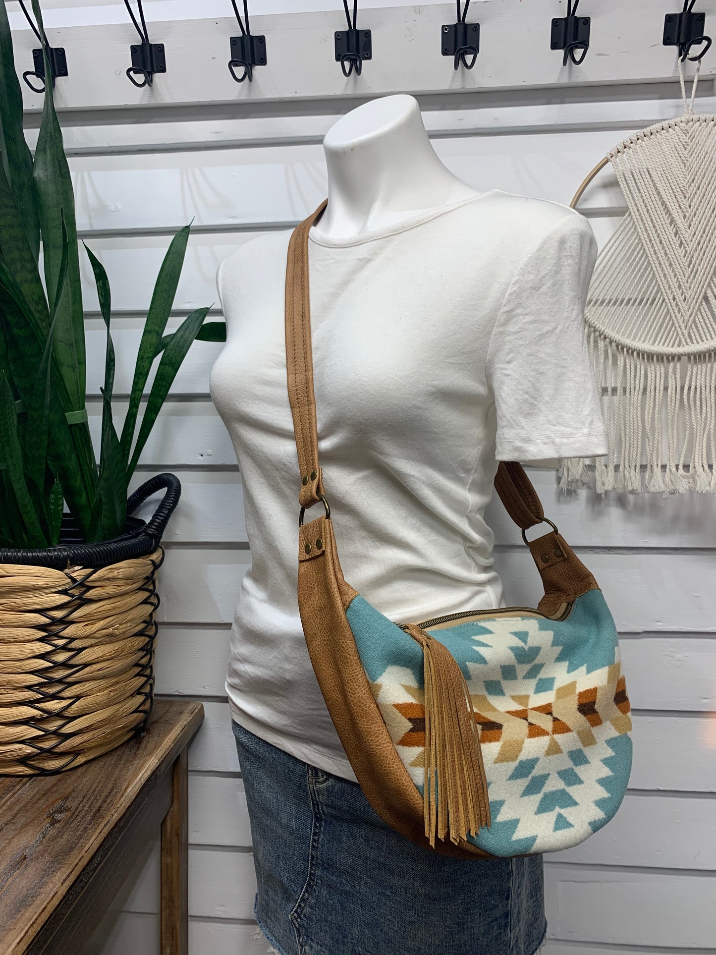 Half moon crossbody hobo bag rancho arroyo aqua wool, caramel brown leather